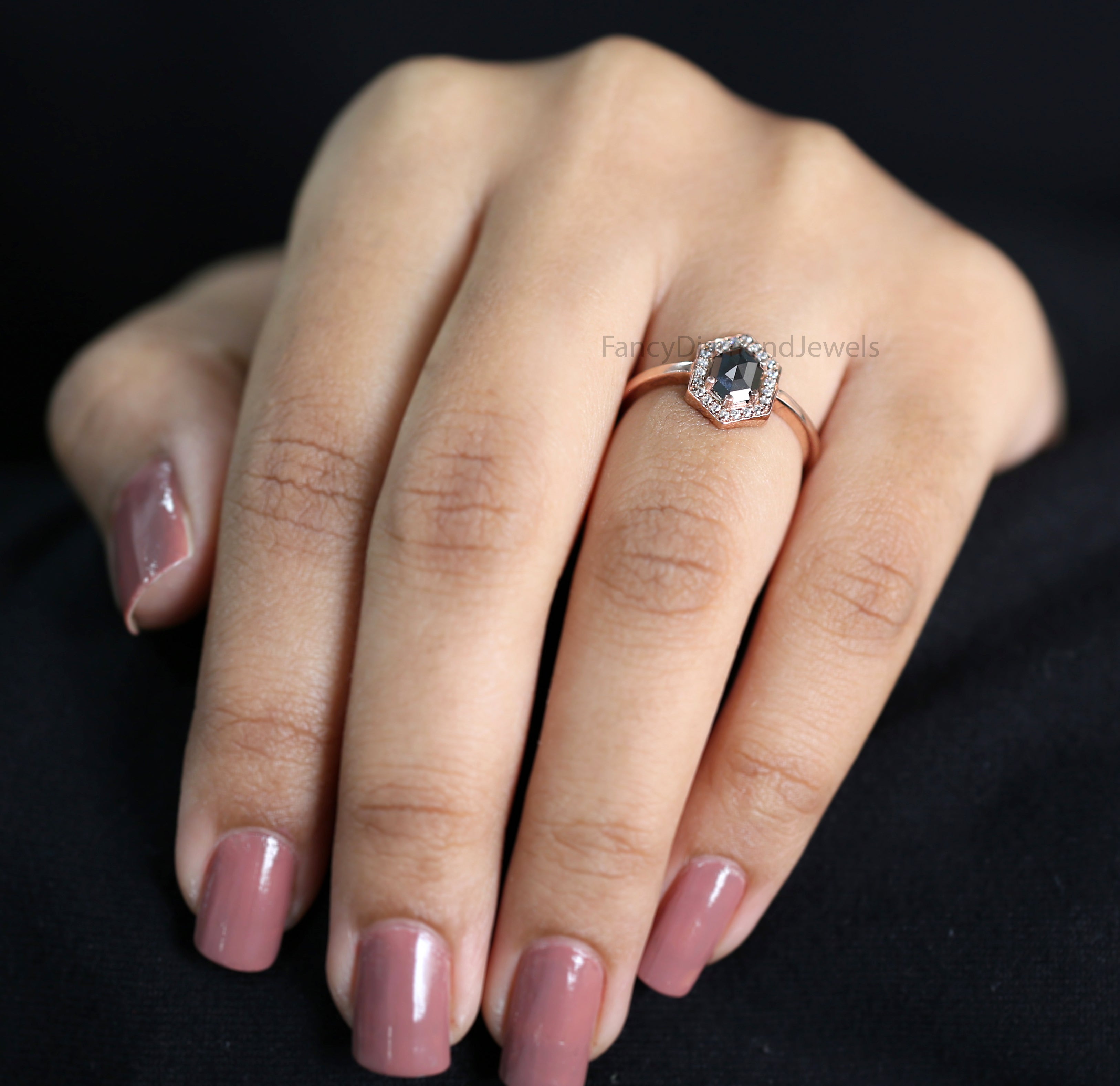 Hexagon Cut Black Color Diamond Ring 0.56 Ct 6.84 MM Hexagon Diamond Ring 14K Rose Gold Silver Hexagon Engagement Ring Gift For Her QN2233