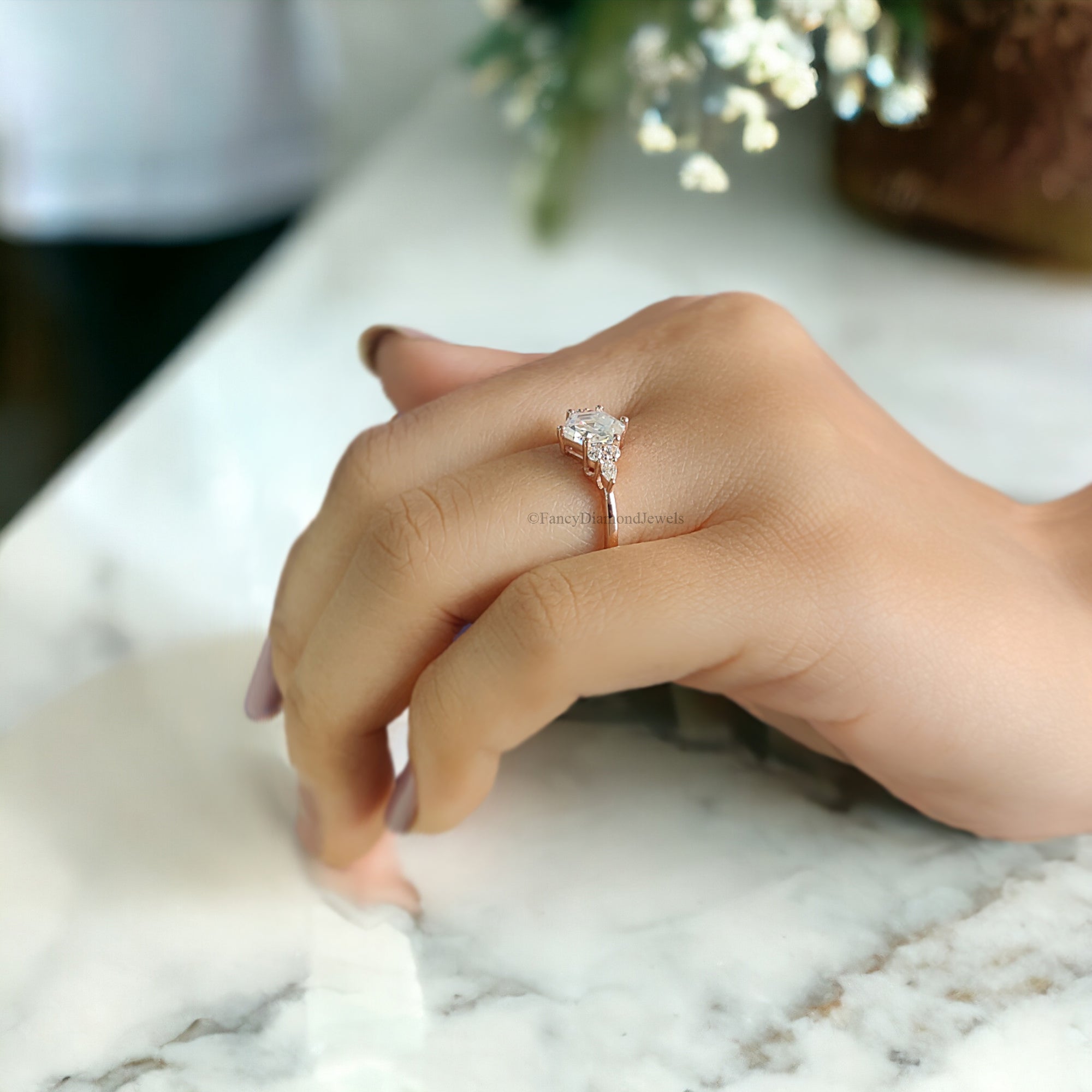 Hexagon Cut Moissanite Engagement Ring Rose Gold Vintage Unique Marquise Diamond Cluster Engagement Ring Delicate Wedding Bridal Ring FD114