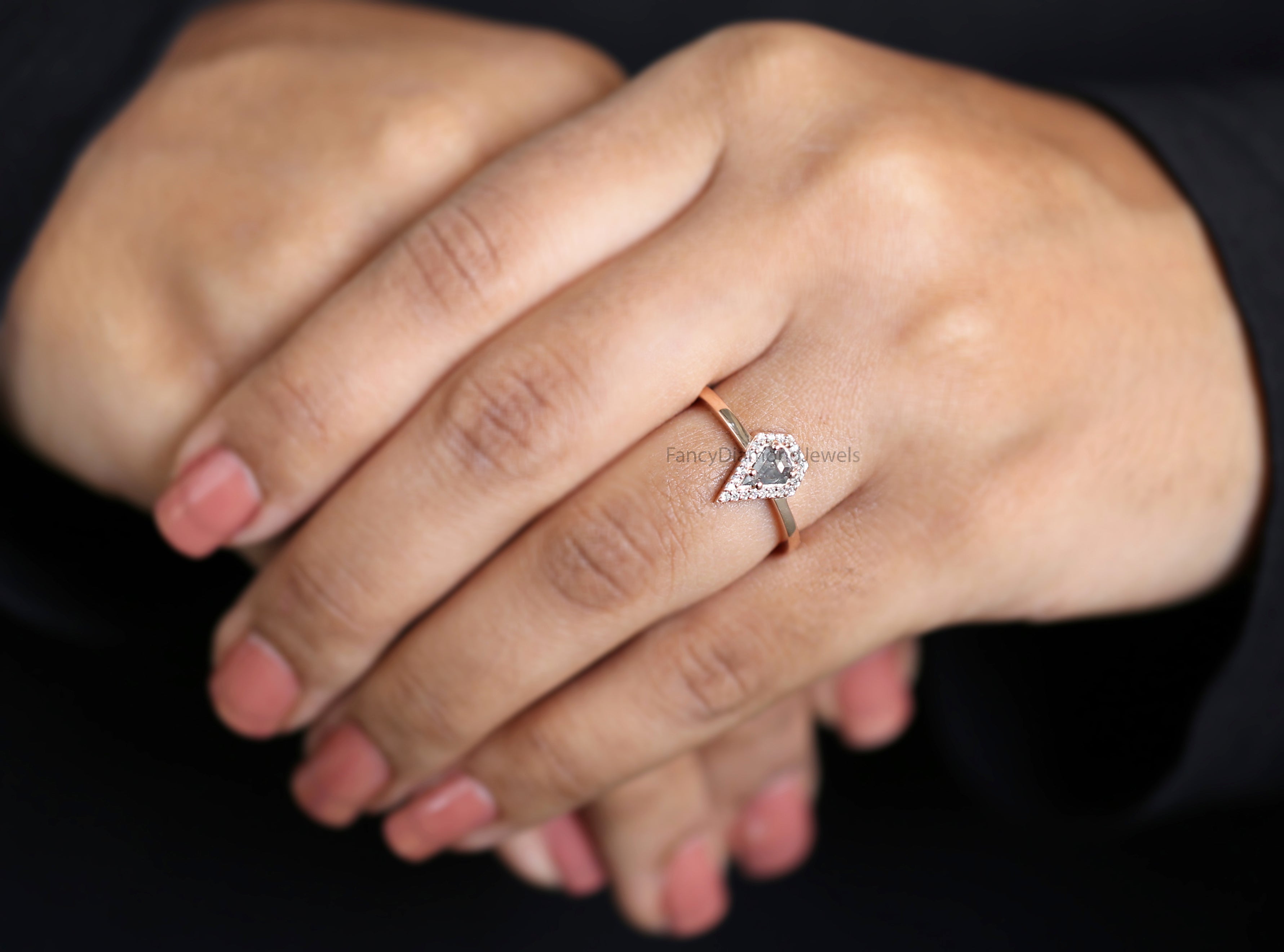 Shield salt and pepper Diamond Ring, Salt and pepper Shield Diamond Engagement Ring, Shield Diamond Ring, Halo Ring, Shield Ring KD1114