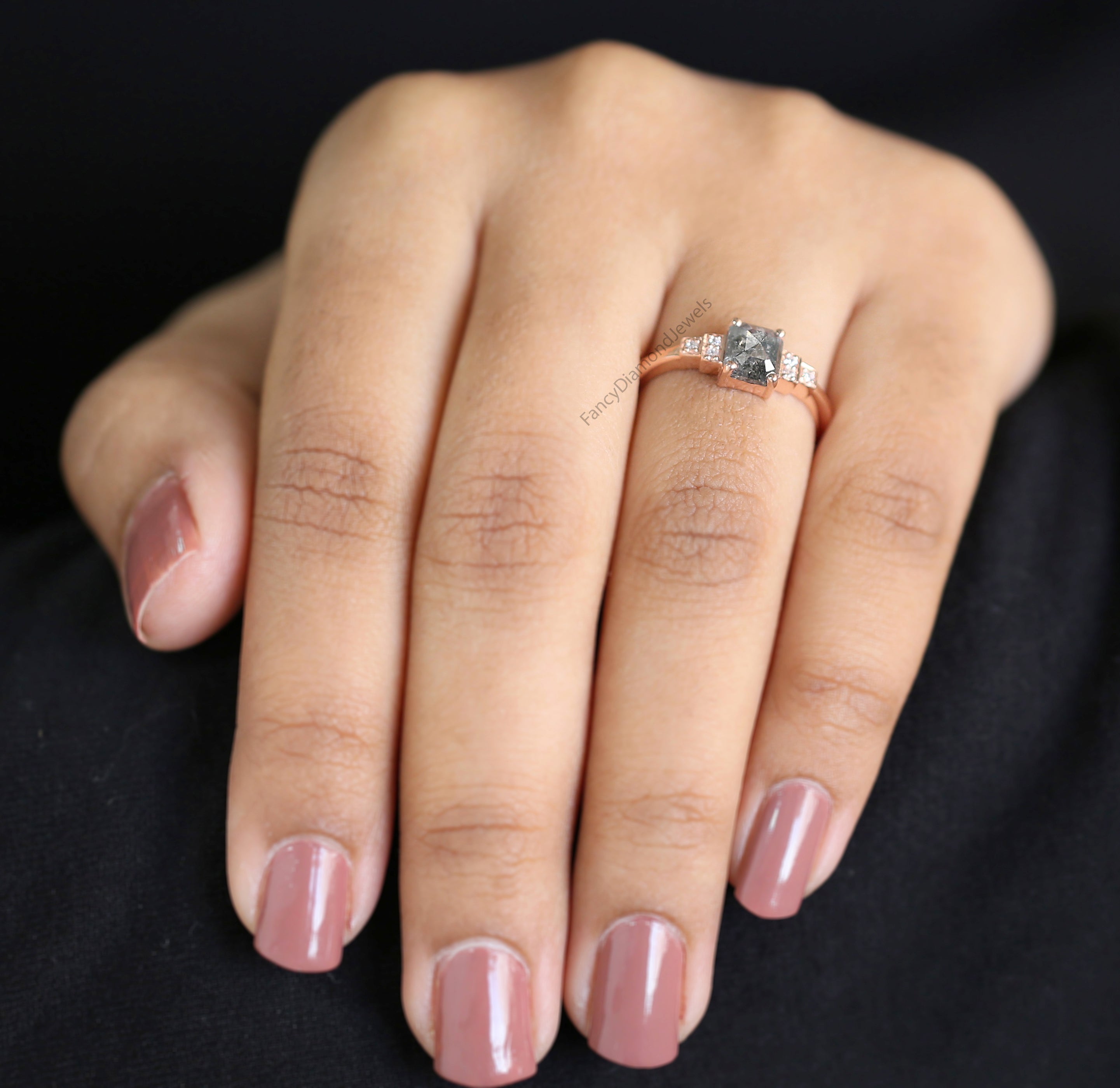 Emerald Salt And Pepper Diamond Ring 0.96 Ct 6.25 MM Emerald Diamond Ring 14K Solid Rose Gold Silver Engagement Ring Gift For Her QL1205