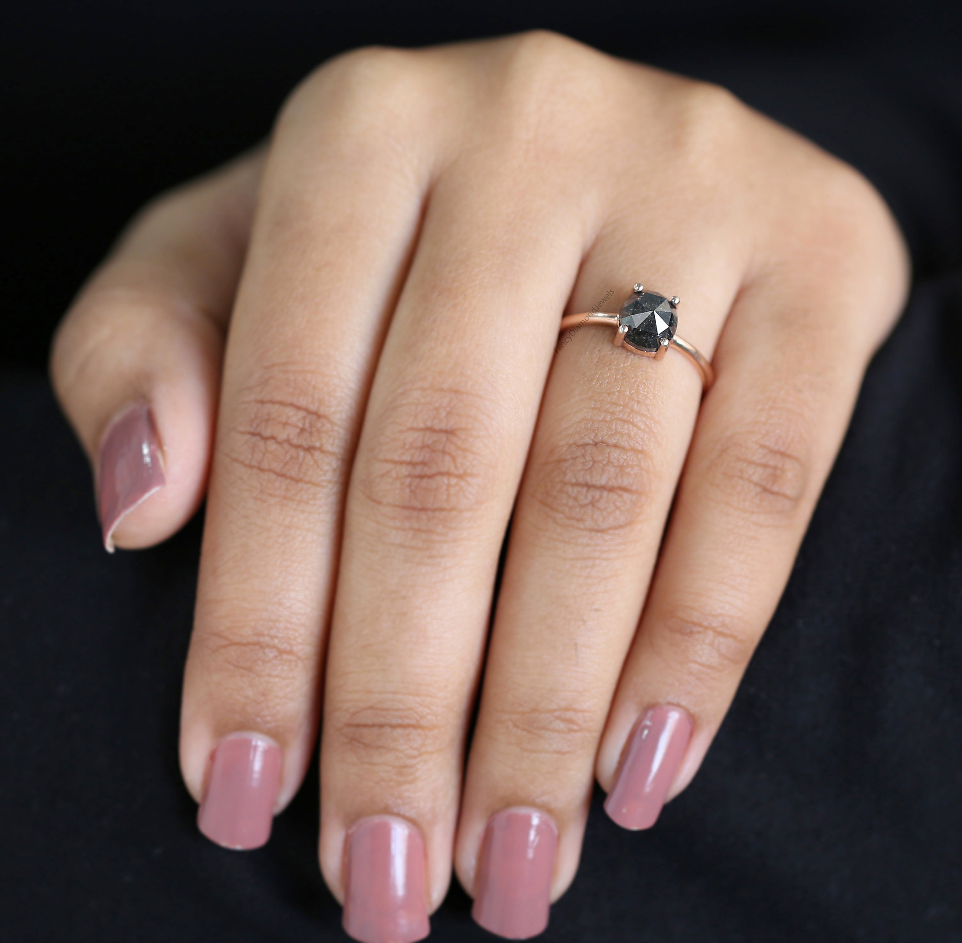 Oval Cut Salt And Pepper Diamond Ring 1.57 Ct 6.90 MM Oval Diamond Ring 14K Solid Rose Gold Silver Oval Engagement Ring Gift For Her QK1953