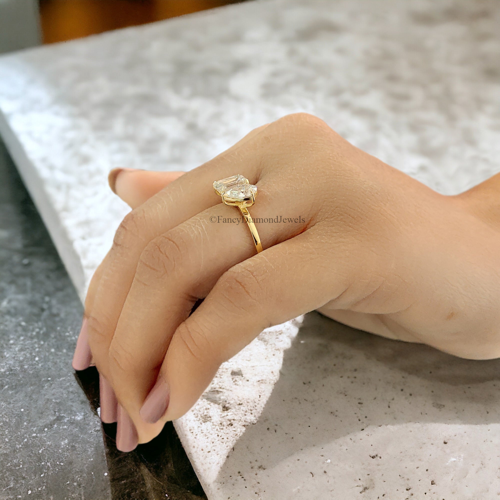 Pear And Emerald Cut Moissanite Engagement Ring 14K Solid Gold Colorless Moissanite Ring Toi Et Moi Ring Double Stone Wedding Ring FD68