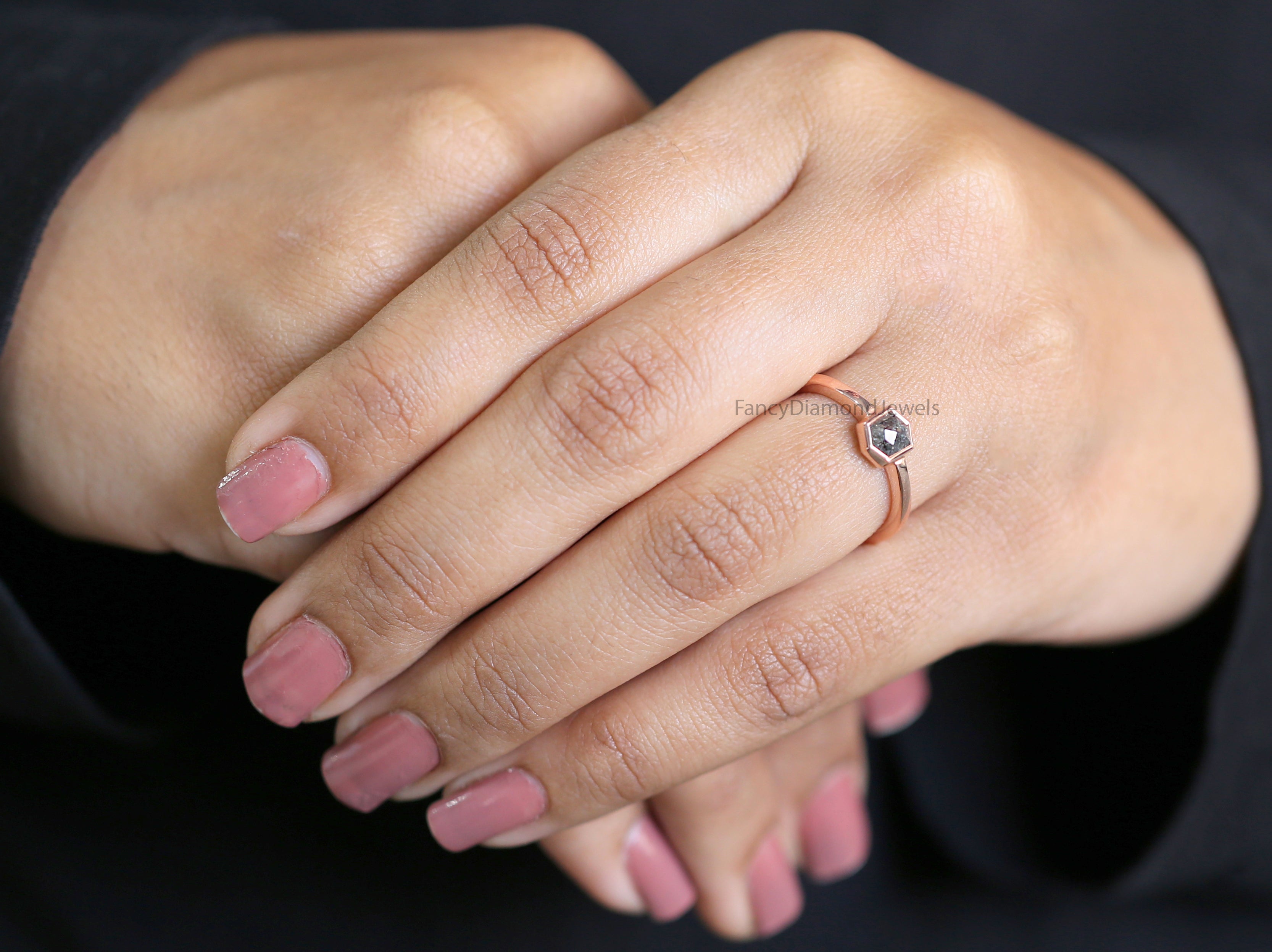 Hexagon Cut Salt And Pepper Diamond Ring 0.76 Ct 5.96 MM Hexagon Diamond Ring 14K Solid Rose Gold Silver Engagement Ring Gift For Her QN2187