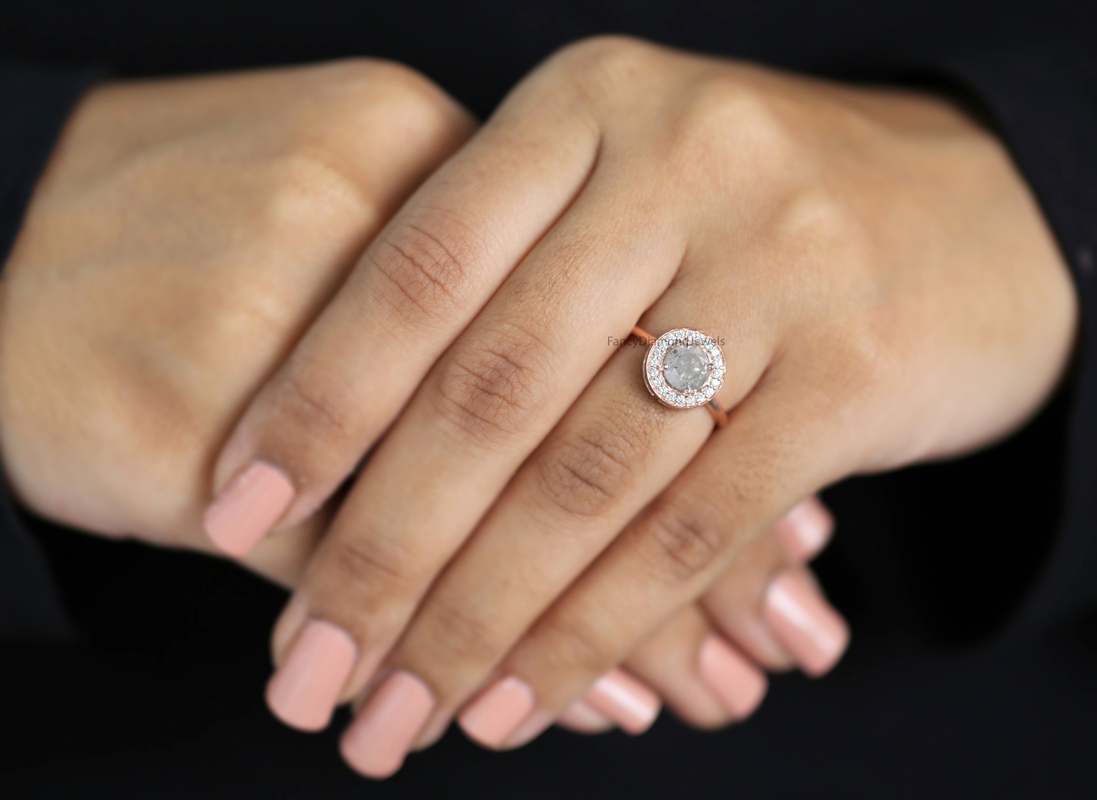 Round Cut Salt And Pepper Diamond Ring 1.25 Ct 6.15 MM Round Diamond Ring 14K Solid Rose Gold Silver Engagement Ring Gift For Her QN486