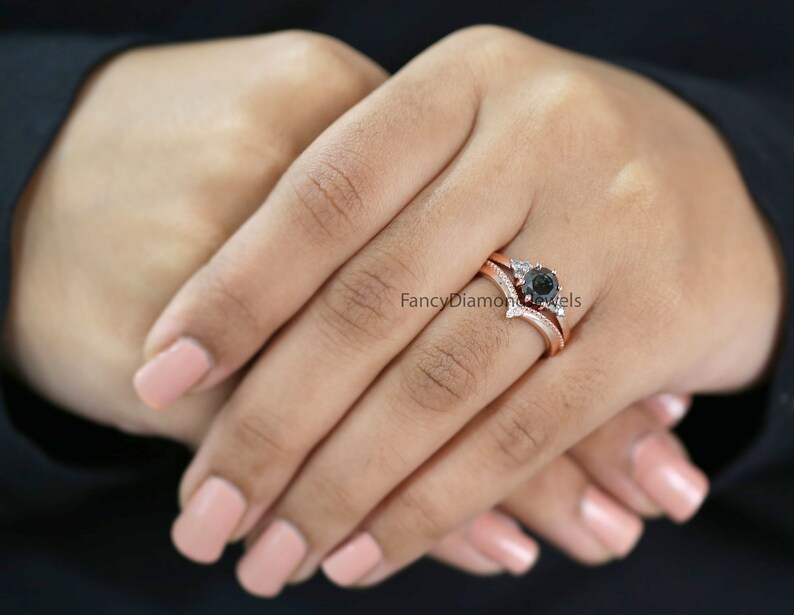 1.02 Ct Natural Round Shape Salt And Pepper Diamond Ring 6.10 MM Round Cut Diamond Ring 14K Solid Rose Gold Silver Engagement Ring QN1453