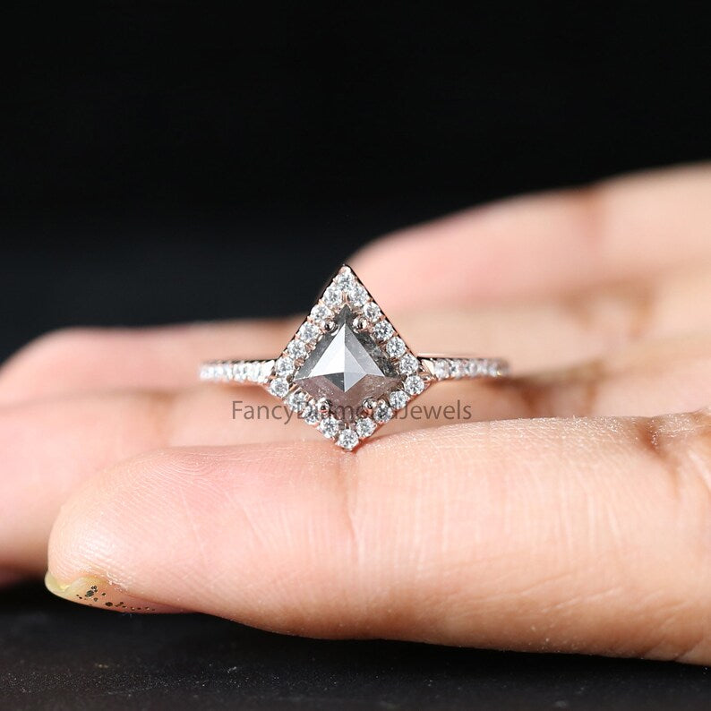 0.94 Ct Natural Kite Shape Salt And Pepper Diamond Ring 7.60 MM Kite Cut Diamond Ring 14K Solid Rose Gold Silver Engagement Ring QL2038