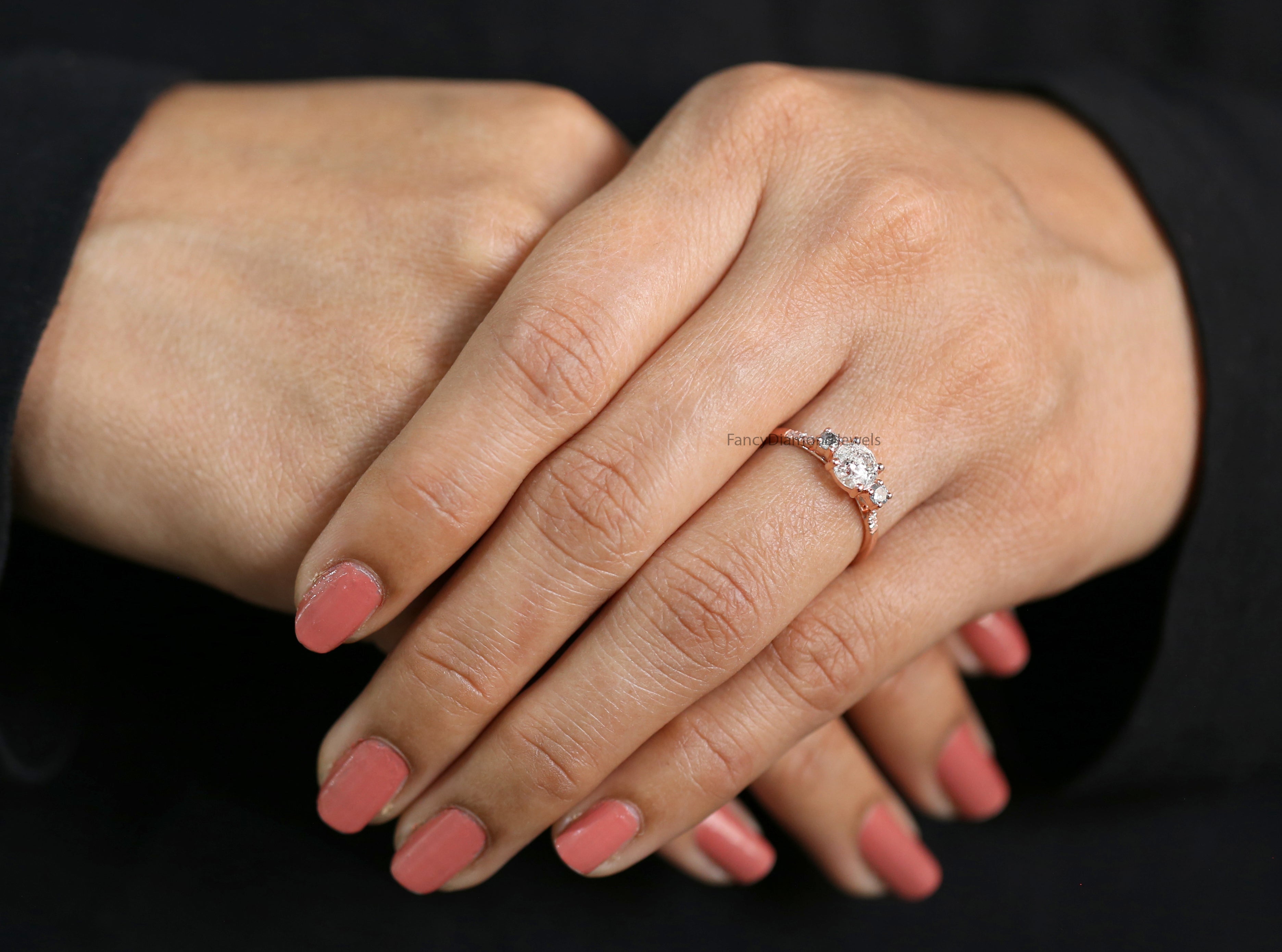 Round Cut Salt And Pepper Diamond Ring 0.83 Ct 5.64 MM Round Diamond Ring 14K Solid Rose Gold Silver Engagement Ring Gift For Her QN2184