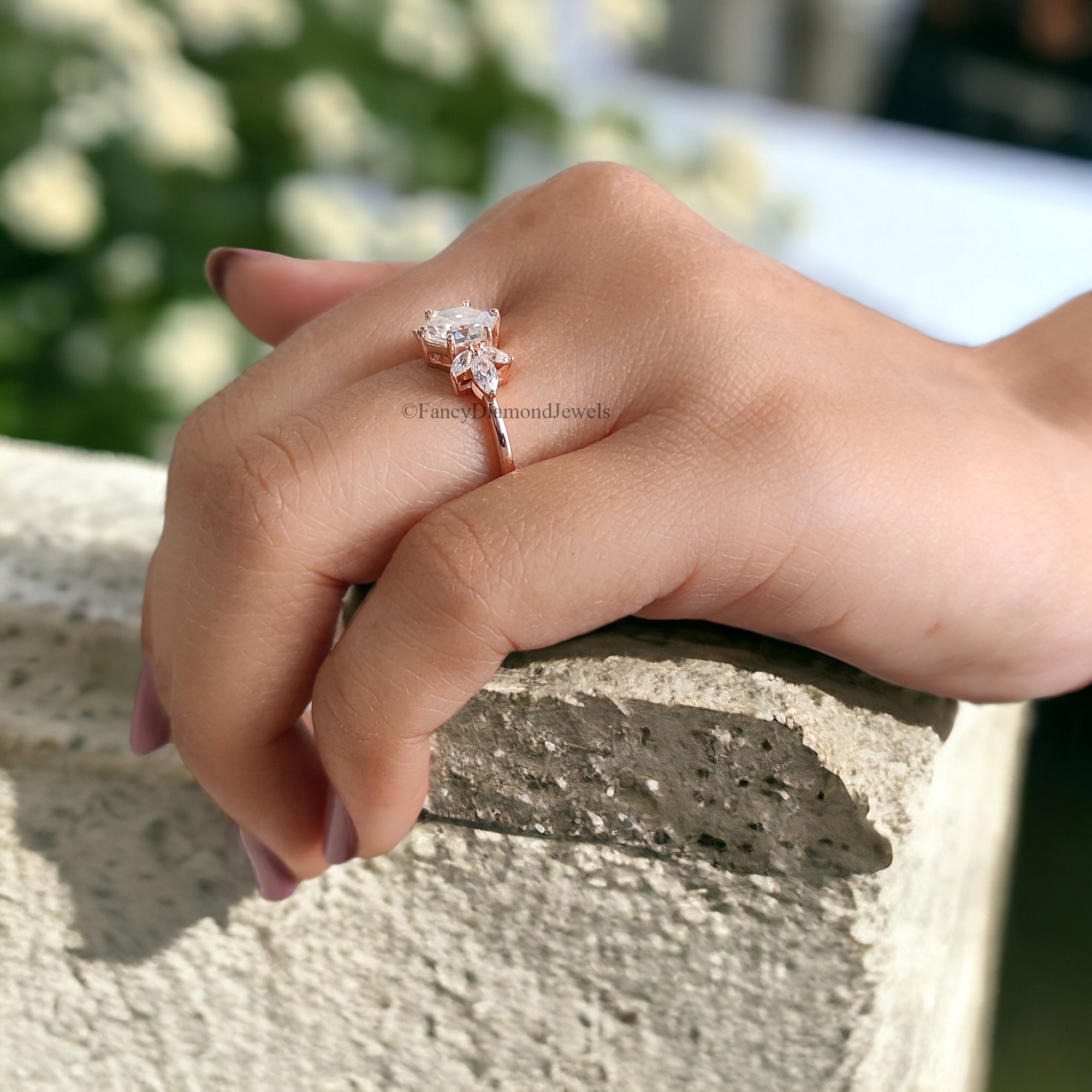 Hexagon cut Moissanite engagement ring Rose gold vintage Unique Marquise Diamond Cluster engagement ring delicate wedding Bridal ring FD104