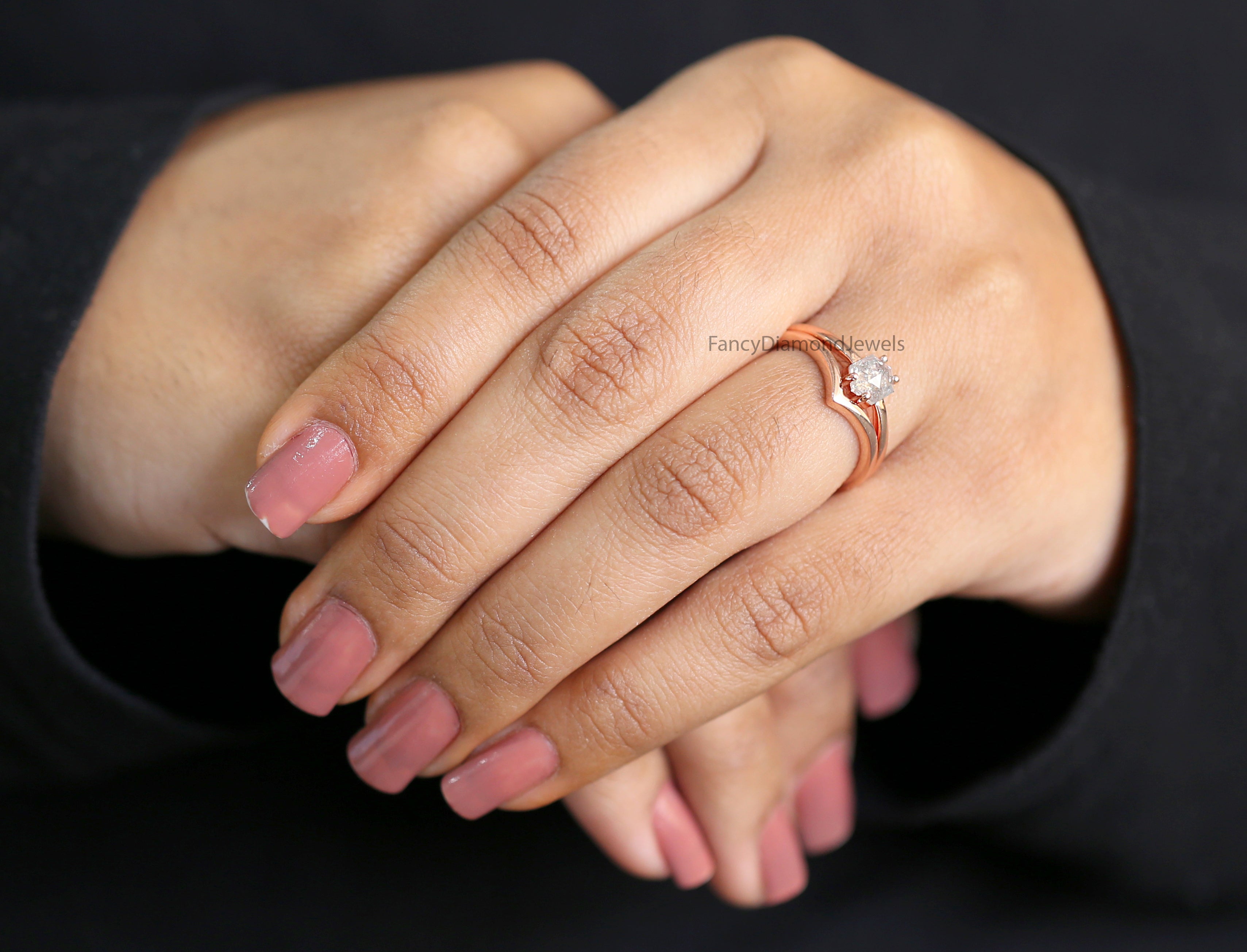 Hexagon Cut Salt And Pepper Diamond Ring 0.78 Ct 6.15 MM Hexagon Diamond Ring 14K Solid Rose Gold Silver Engagement Ring Gift For Her QN2183