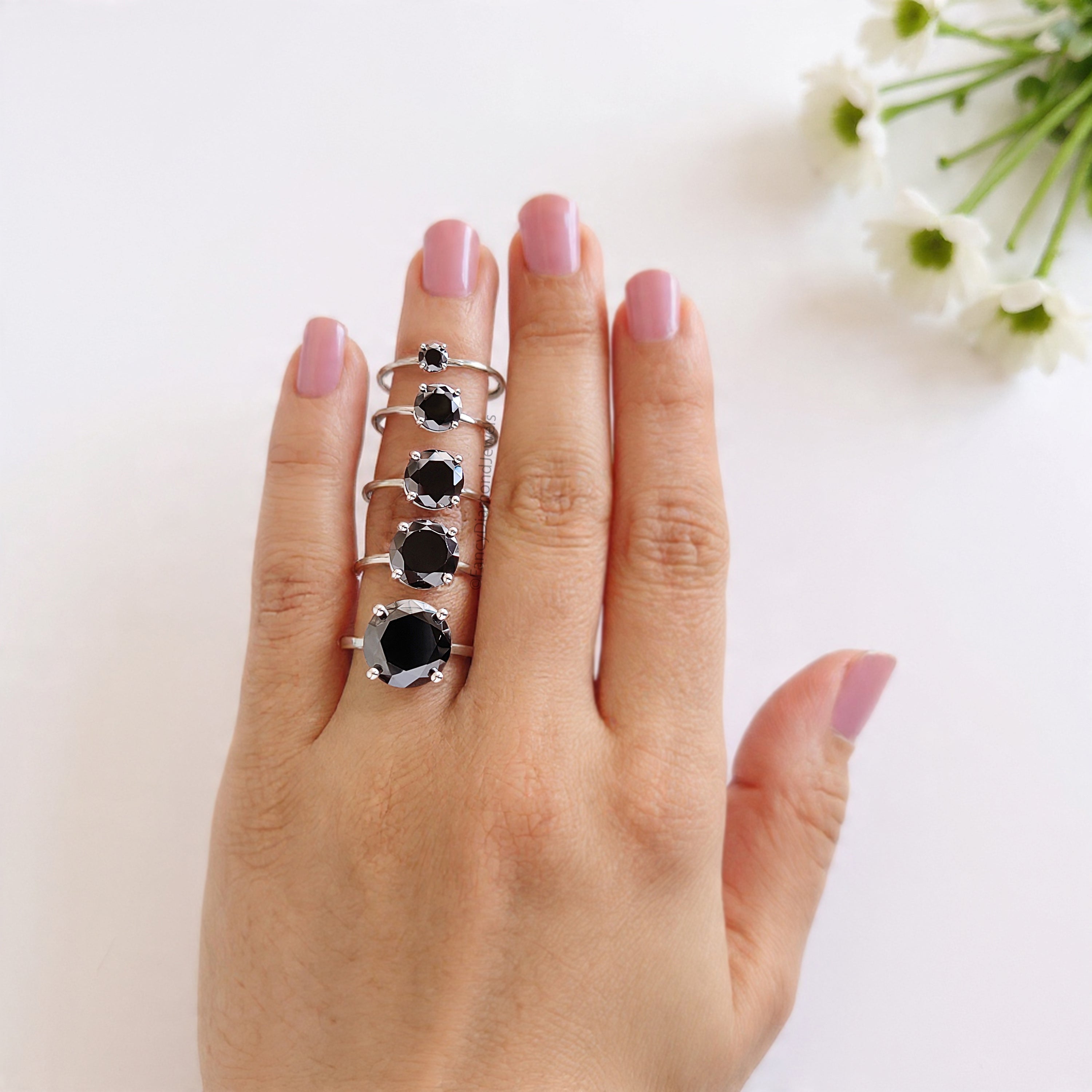 Round Black Onyx stone engagement ring 11mm 9mm 8mm 6.50mm 4mm ring silver simulant Ring Solitaire ring Diamond ring Gift for her FD505