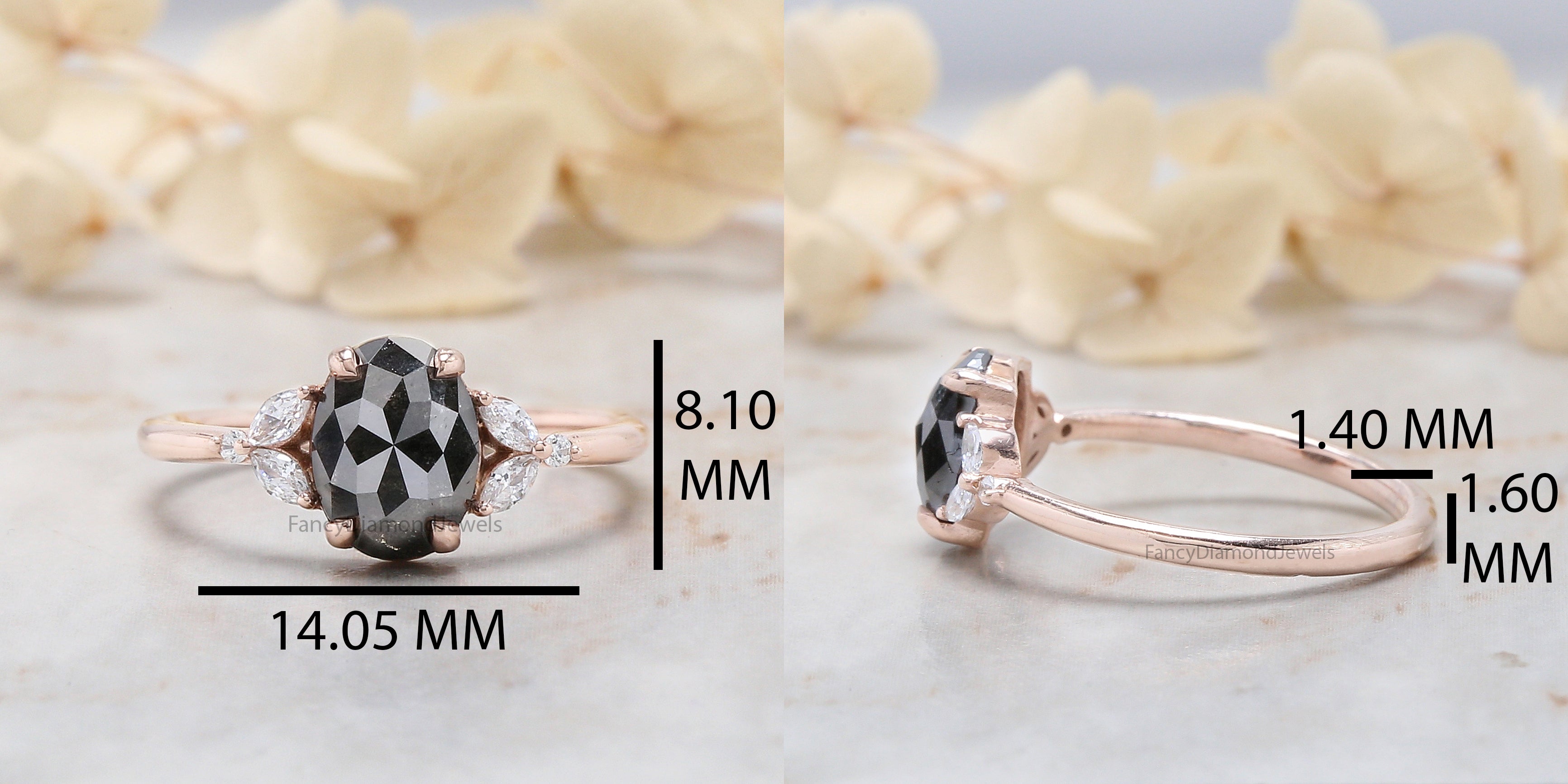 Oval Cut Salt And Pepper Diamond Ring 1.49 Ct 8.03 MM Oval Diamond Ring 14K Solid Rose Gold Silver Oval Engagement Ring Gift For Her QL2889