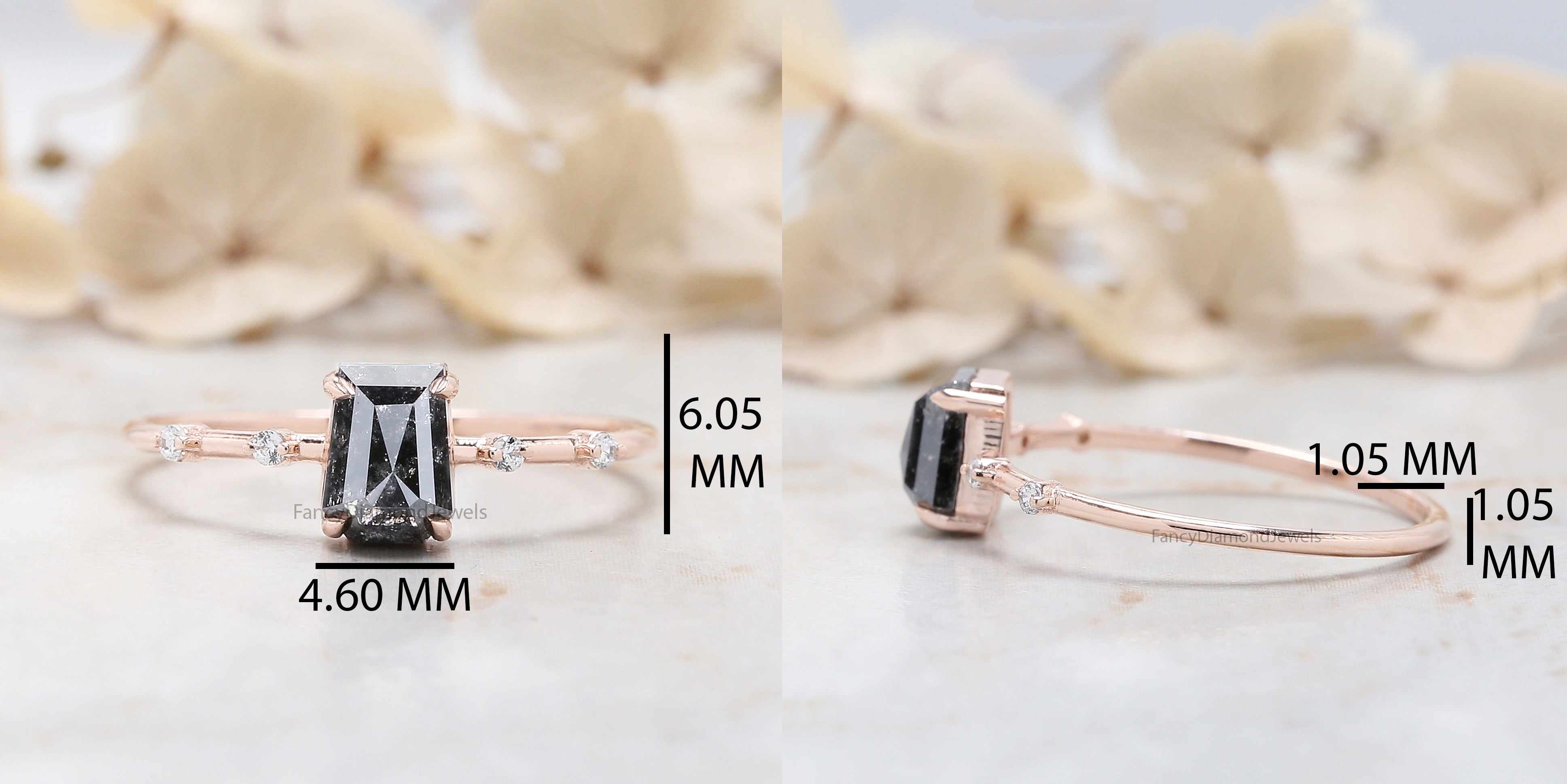Coffin Cut Salt And Pepper Diamond Ring 0.87 Ct 6.00 MM Coffin Diamond Ring 14K Solid Rose Gold Silver Engagement Ring Gift For Her QN8841