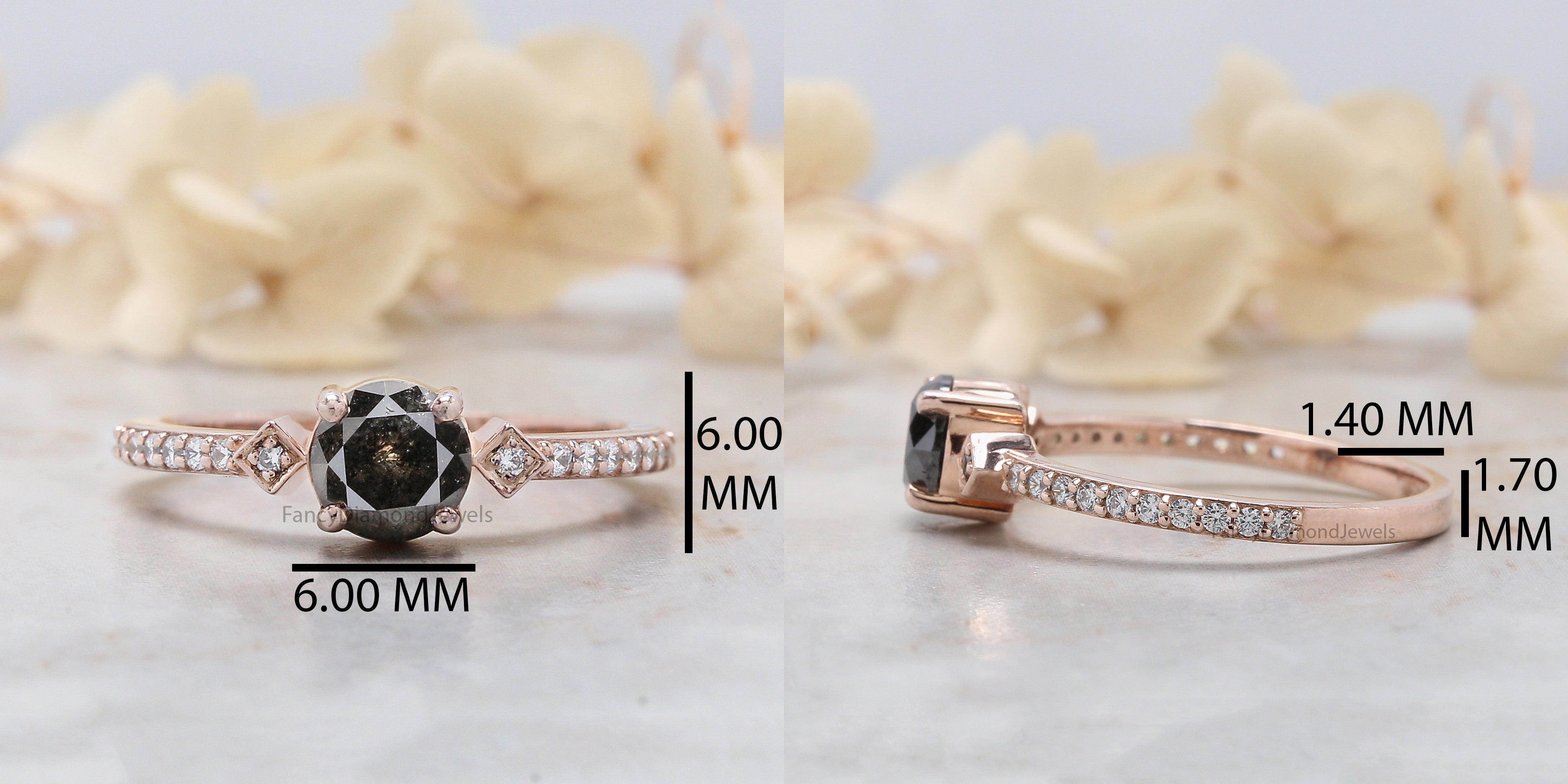 Round Salt And Pepper Diamond Ring 1.01 Ct 5.95 MM Round Cut Diamond Ring 14K Solid Rose Gold Silver Engagement Ring Gift For Her QL3094