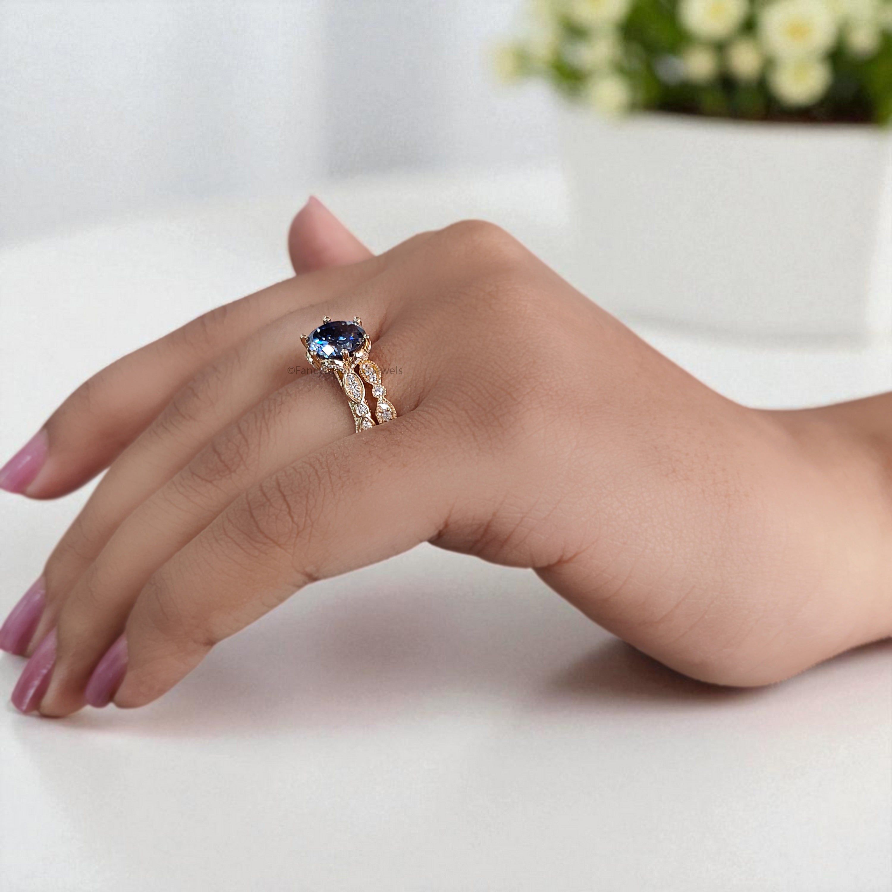 Antique Round Portuguese Cut Royal Blue Moissanite Engagement Ring 6 Prong Hidden Halo Ring With Full Eternity Scalloped Wedding Band FD407