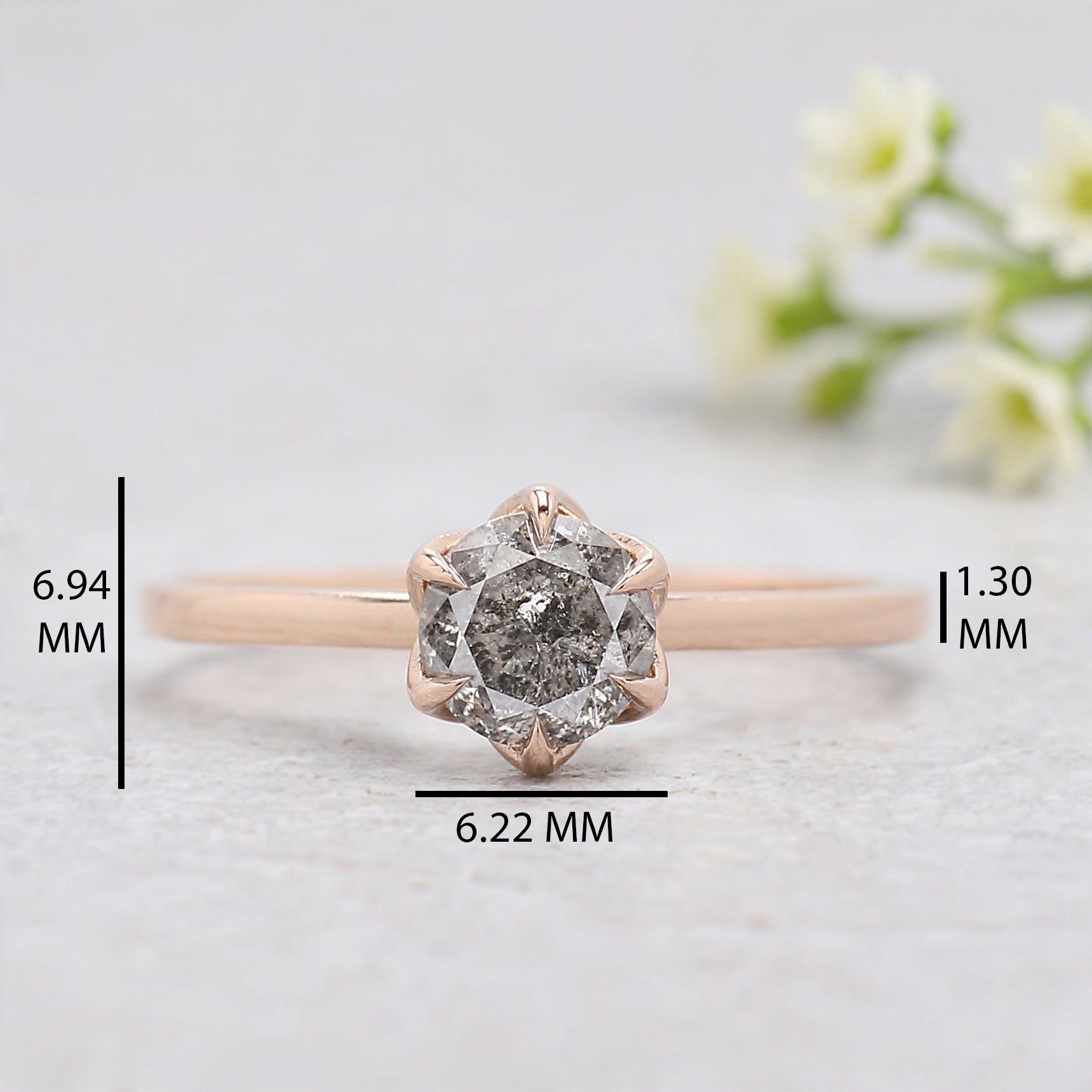 0.65 Ct Natural Round Shape Salt And Pepper Diamond Ring 5.37 MM Round Cut Diamond Ring 14K Solid Rose Gold Silver Engagement Ring KDL3486