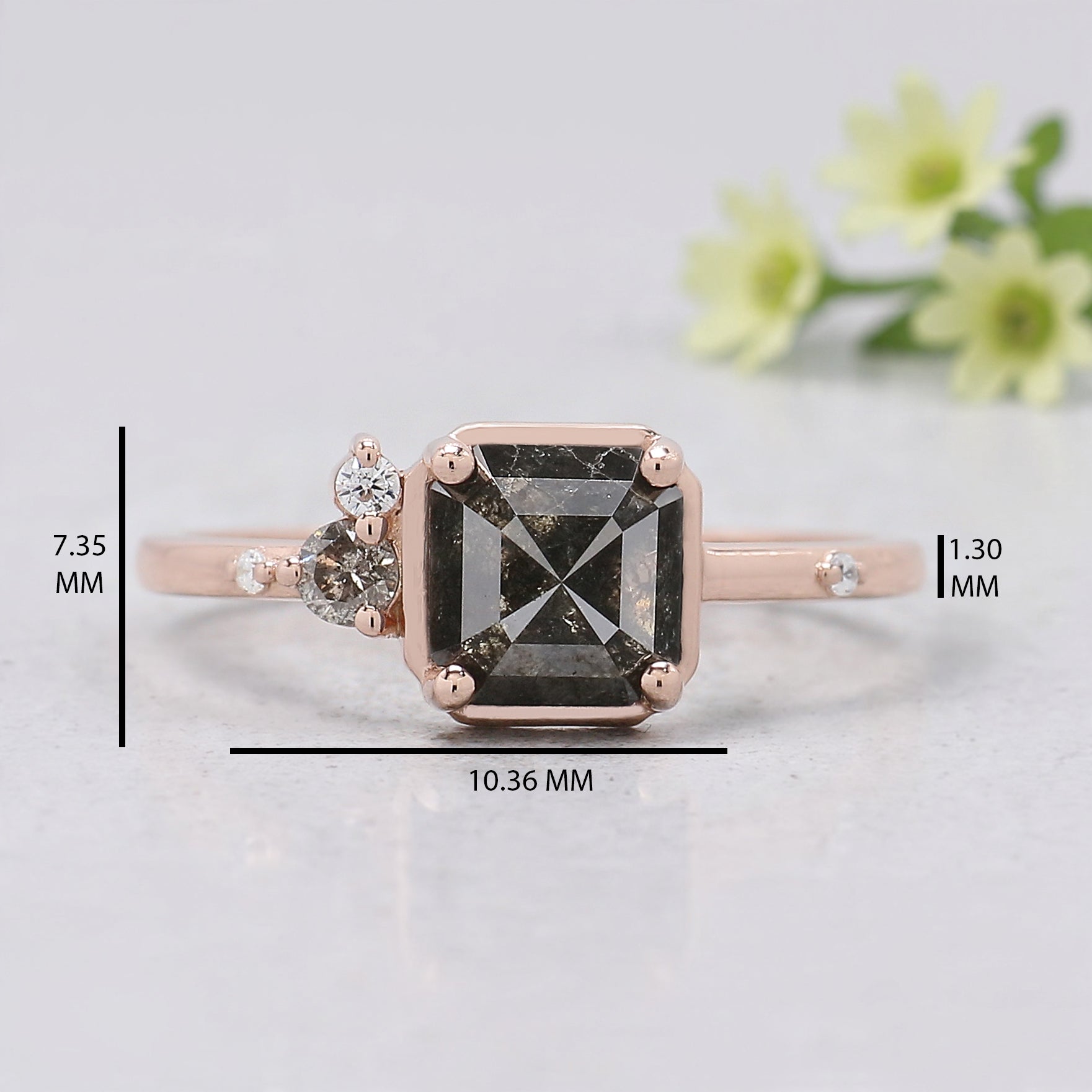Emerald Shape Salt and Pepper Diamond Ring, Rose Gold Engagement Ring, Unique Bridal Ring, Minimalist Promise Ring Gift for Her KDK1942