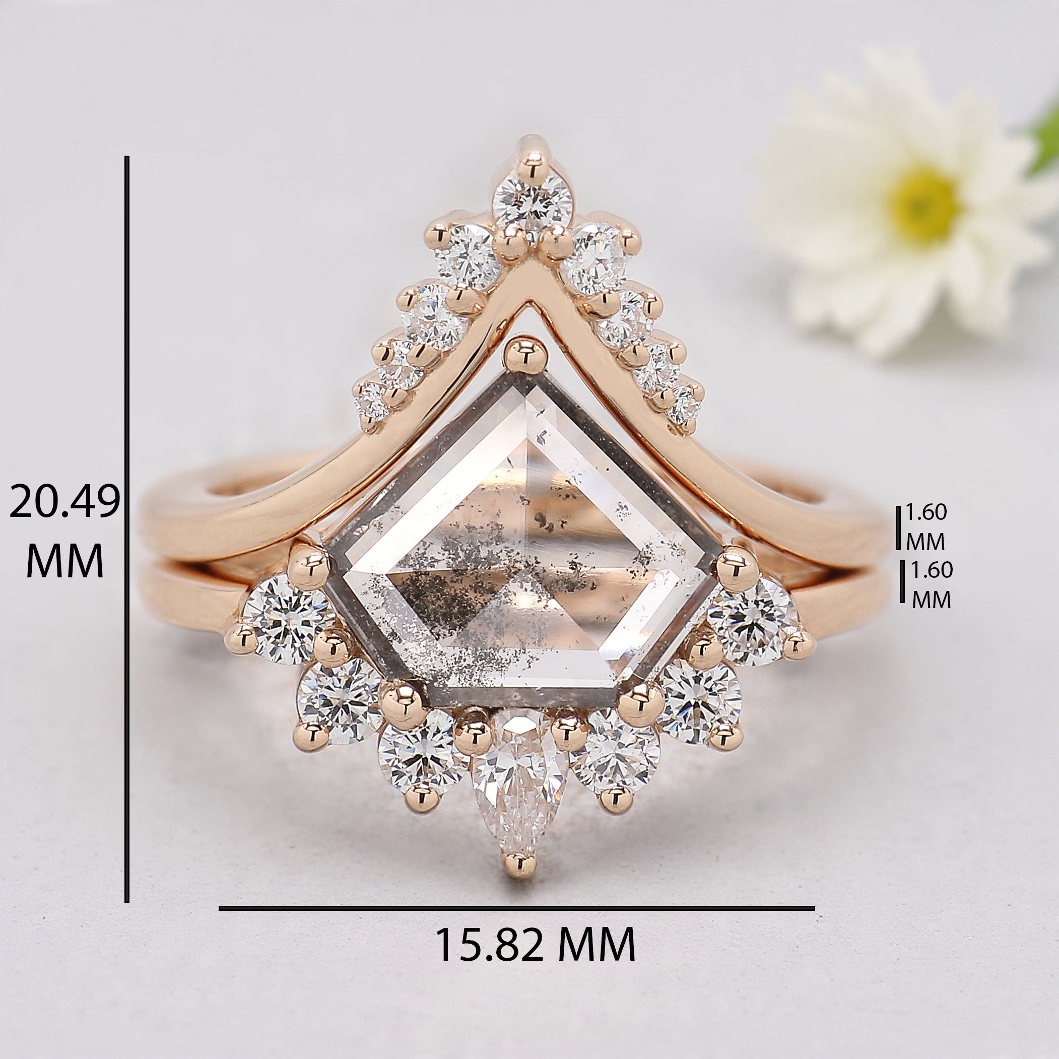 1.84 CT Shield Lab Grown Diamond Ring Shield Fancy Black Grey Salt And Pepper Diamond Ring Engagement Ring Bridal Wedding Ring Set KDL3515