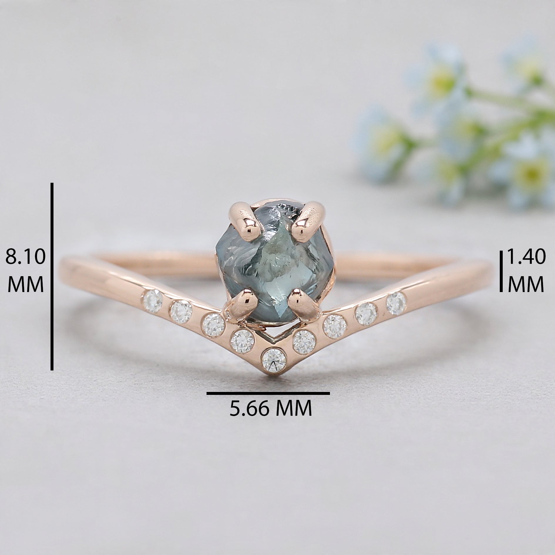0.97 Ct Natural Rough Cut Blue Color Diamond Ring 5.65 MM Crystal Rough Diamond Ring 14K Solid Rose Gold Silver Engagement Ring QL2347
