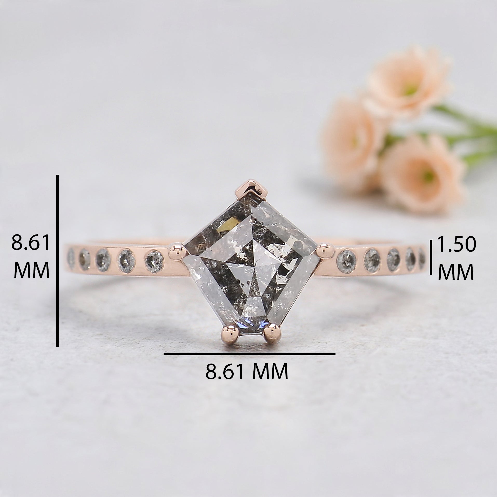 Pentagon Salt and Pepper Diamond Engagement Ring, 14K Rose Gold Ring, Unique Geometric Diamond Ring, Minimalist Fine Jewelry Gift KDL601