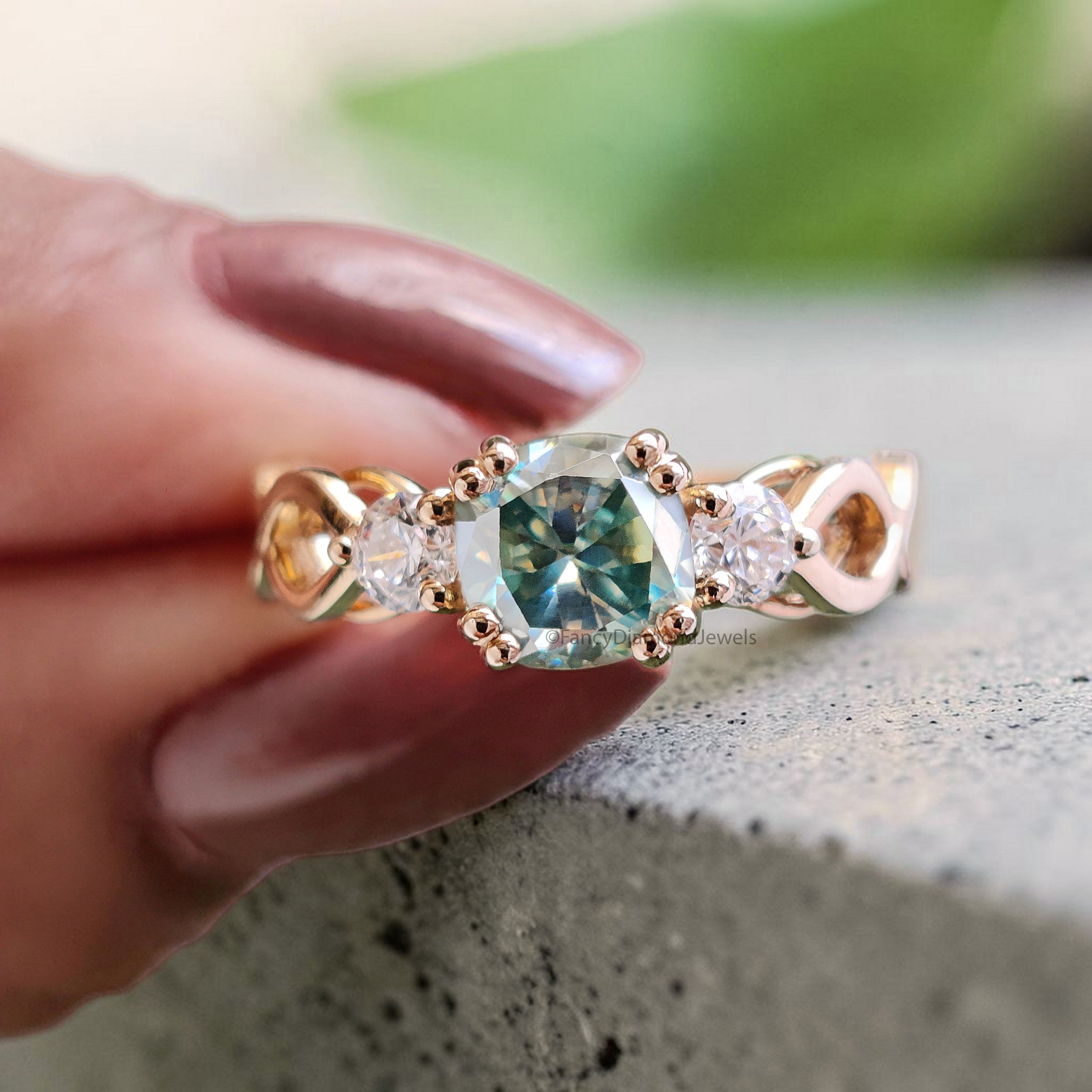 Cushion Cut Green Moissanite Engagement Ring 14K Solid Gold Ring Double Prong Set Ring Cushion Moissanite Wedding Ring Gift For Her FD467