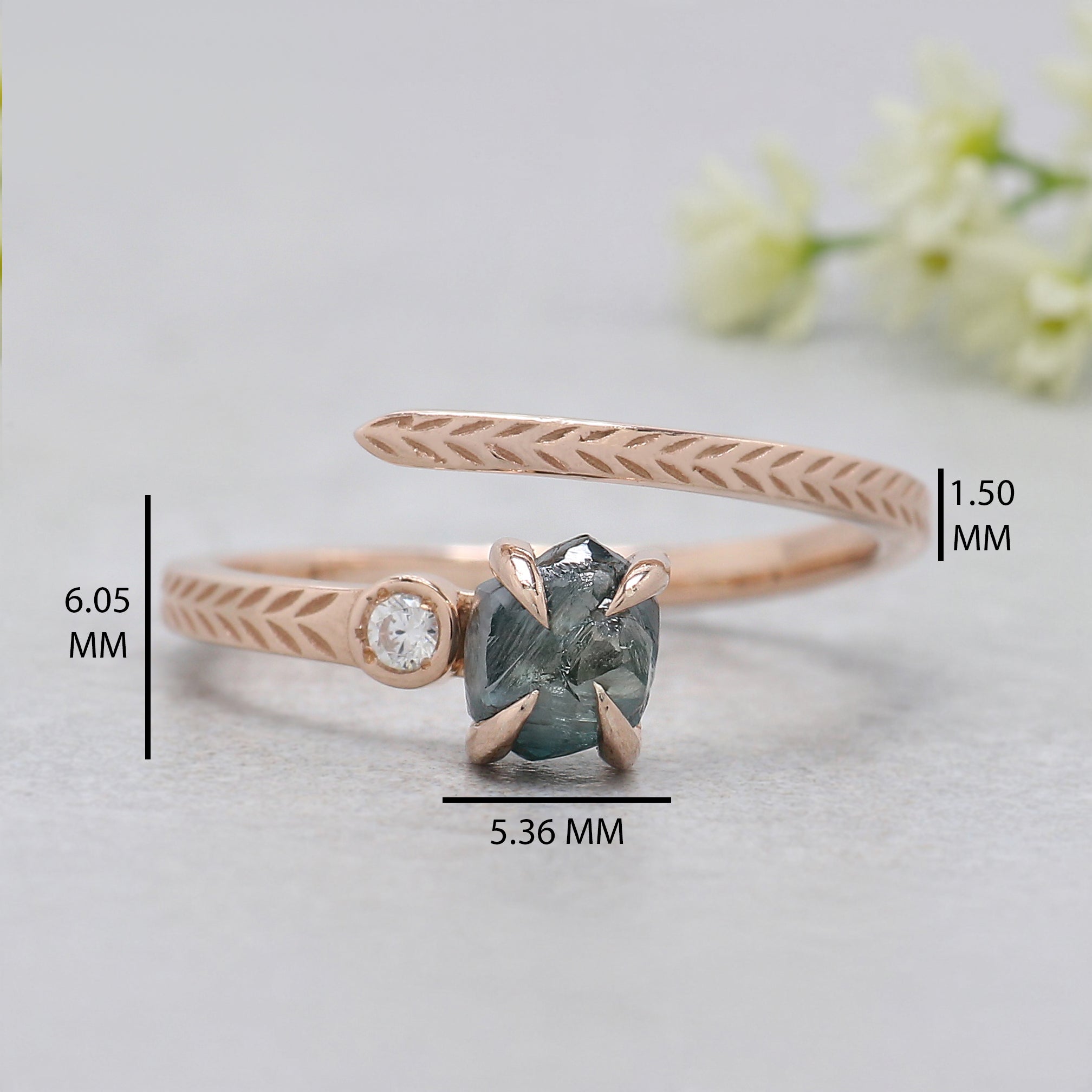 0.97 Ct Natural Rough Cut Blue Color Diamond Ring 5.63 MM Crystal Rough Diamond Ring 14K Solid Rose Gold Silver Engagement Ring KDL2347