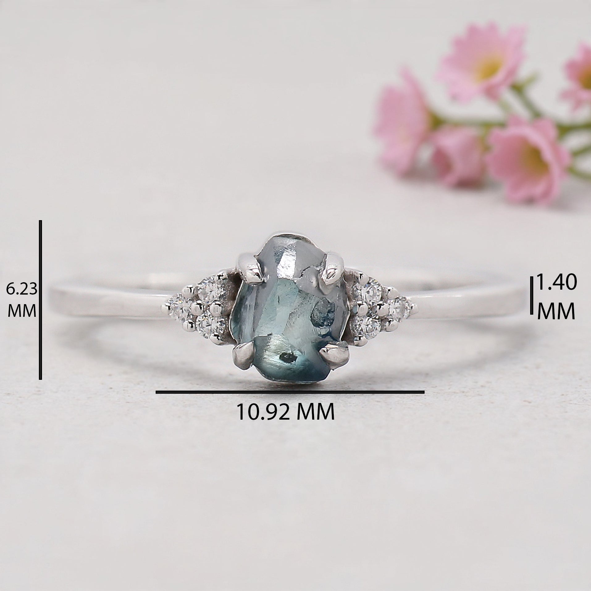 Rough Blue Color Diamond Ring 0.99 Ct 5.83 MM Crystal Rough Diamond Ring 14K Solid White Gold Silver Engagement Ring Gift For Her QL2361