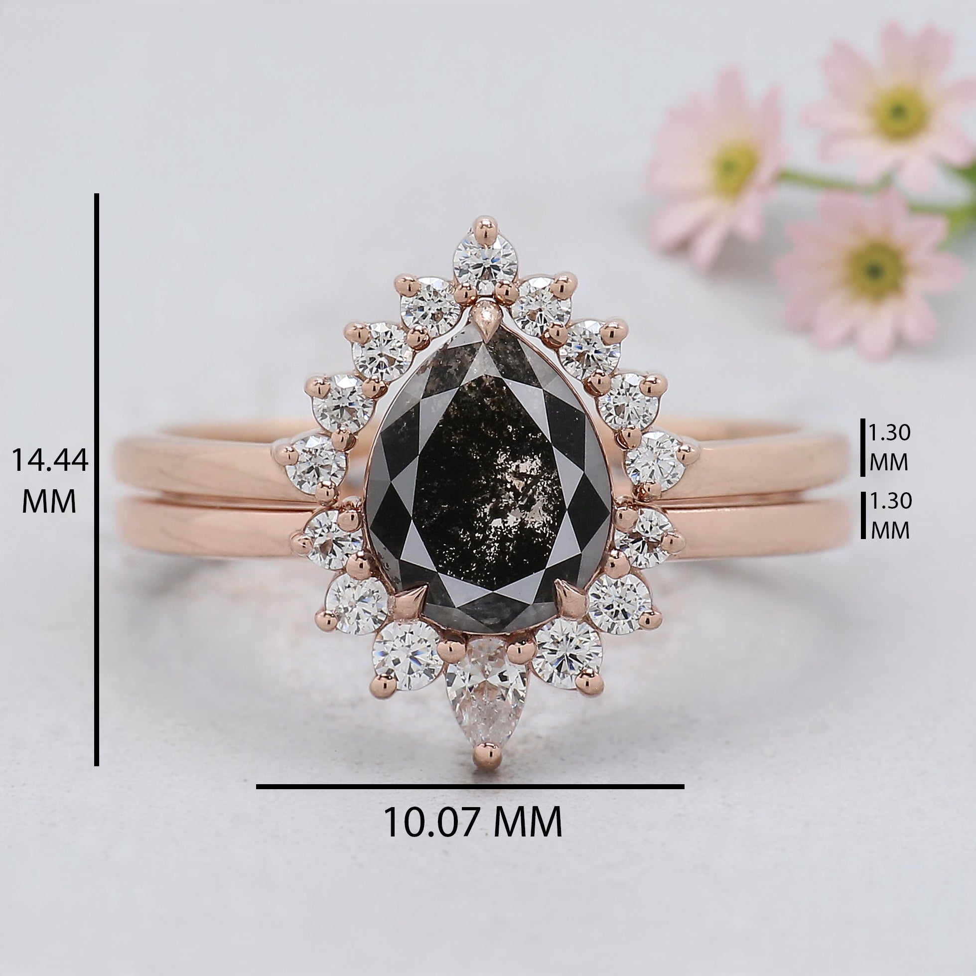 Pear Cut Salt And Pepper Diamond Ring 1.02 Ct 7.95 MM Pear Diamond Ring 14K Rose Gold Silver Pear Engagement Ring Set Gift For Her KDL3002