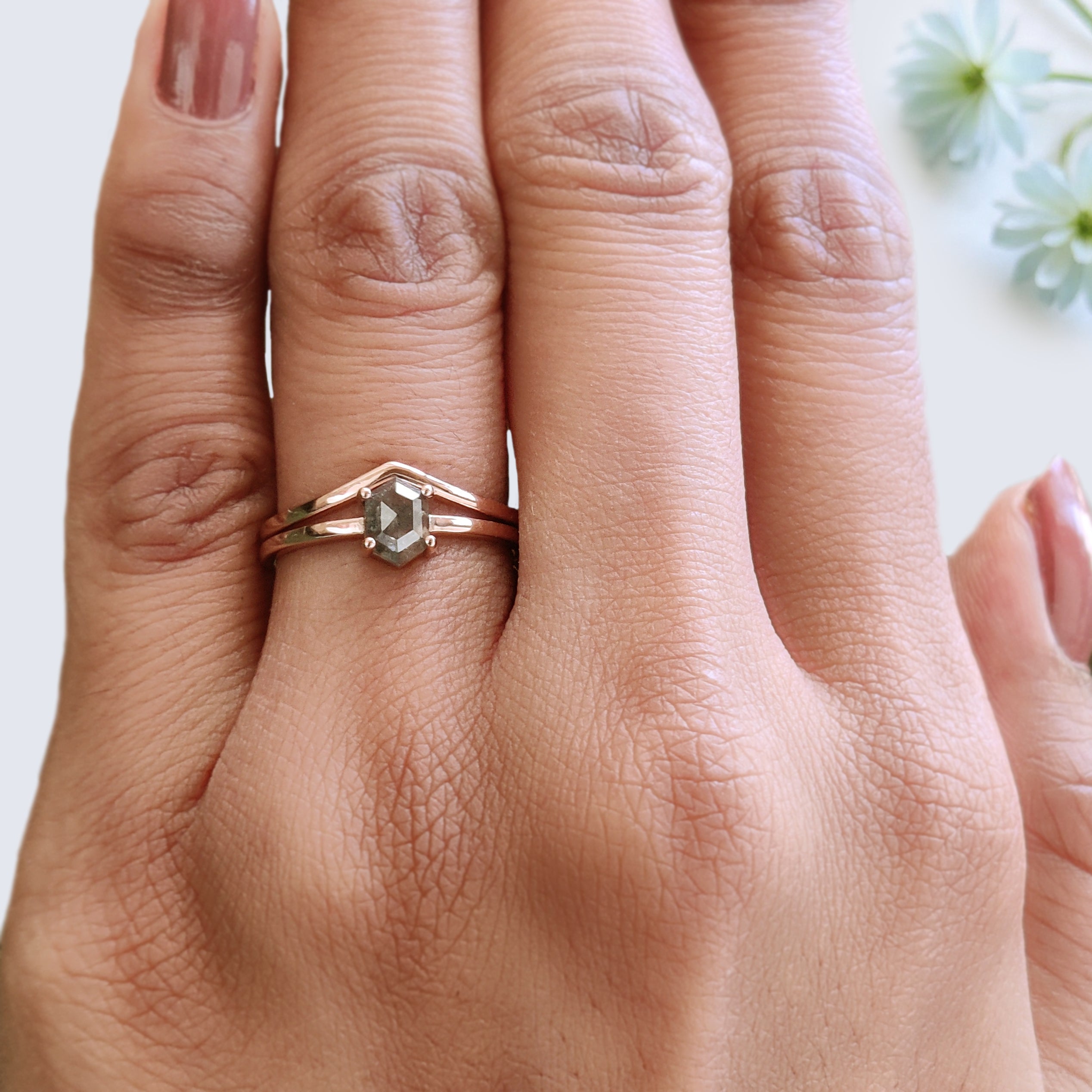 0.74 Ct Natural Hexagon Salt And Pepper Diamond Ring 6.05 MM Hexagon Cut Diamond Ring 14K Solid Rose Gold Silver Engagement Ring Set KDN585