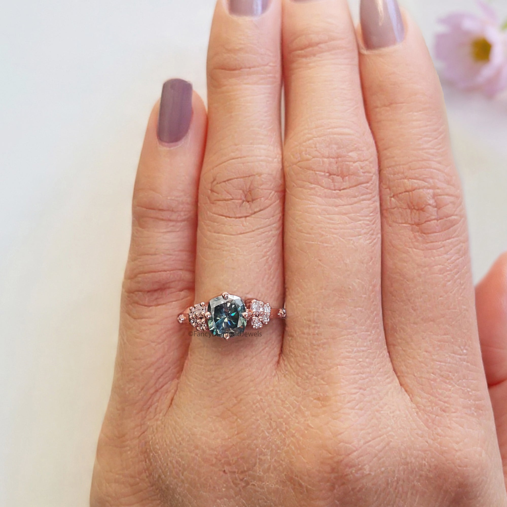 Muse Engagement Ring for Women 1.25 TW Cushion Fancy Cut Cyan Blue Moissanite Ring Hidden Halo Ring Wedding Ring for Her Comfort Fit FD08