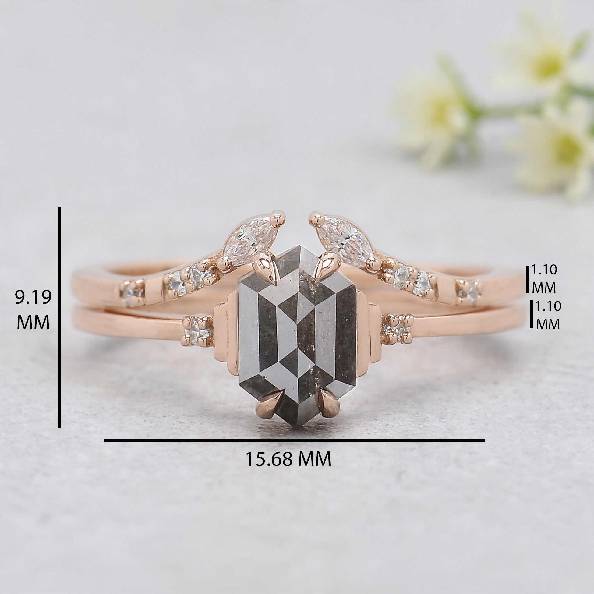 1.06 Ct Natural Hexagon Salt And Pepper Diamond Ring 7.70 MM Hexagon Cut Diamond Ring 14K Solid Rose Gold Silver Engagement Ring Set KDN7118