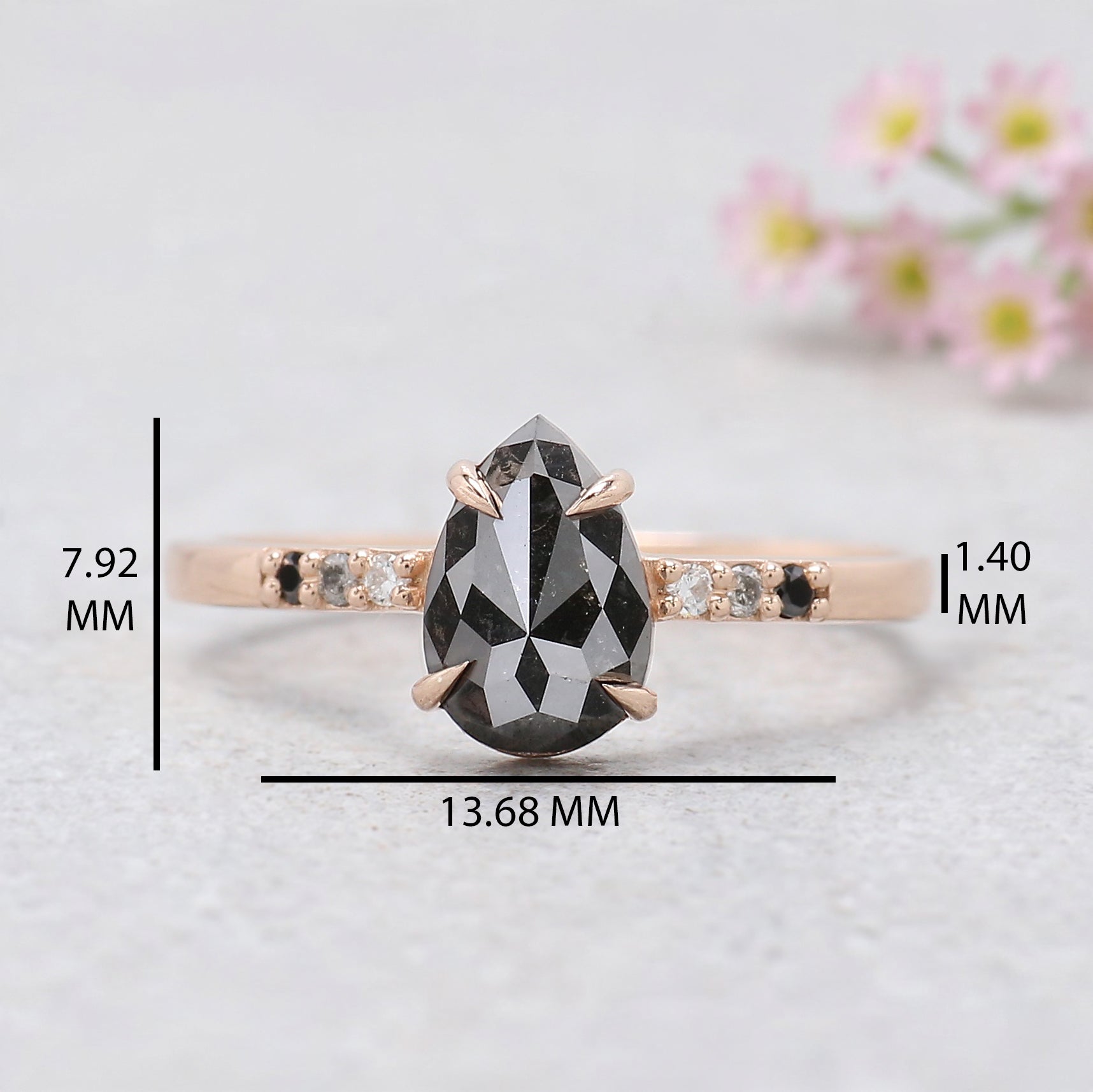 0.89 Ct Pear Shape Black Color Diamond Ring 7.65 MM Pear Cut Diamond Ring 14K Solid Rose Gold Silver Engagement Ring Gift For Her KDN1754
