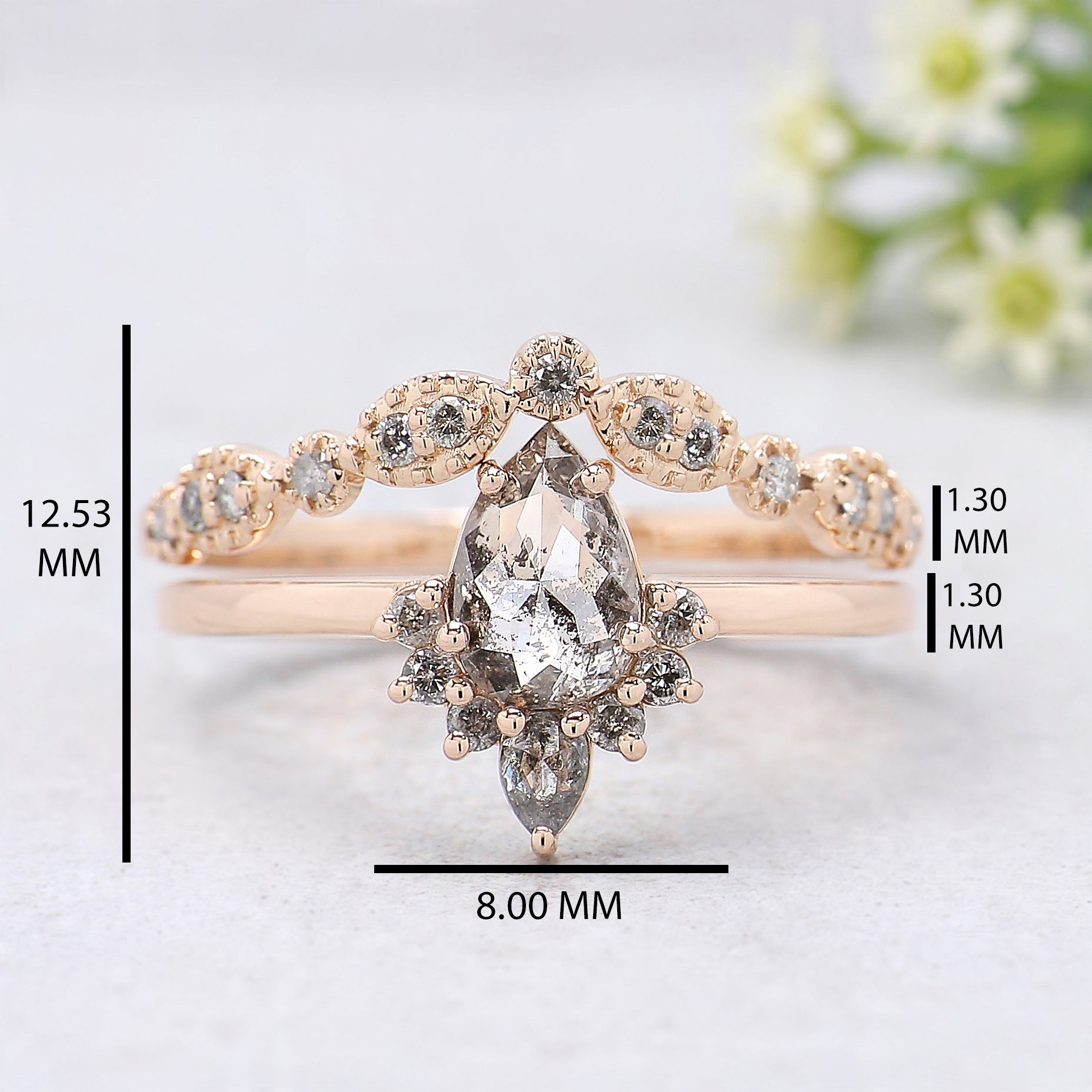 Pear Cut Salt And Pepper Diamond Ring 0.48 Ct 6.65 MM Pear Diamond Ring 14K Rose Gold Silver Pear Engagement Ring Set Gift For Her KDN976