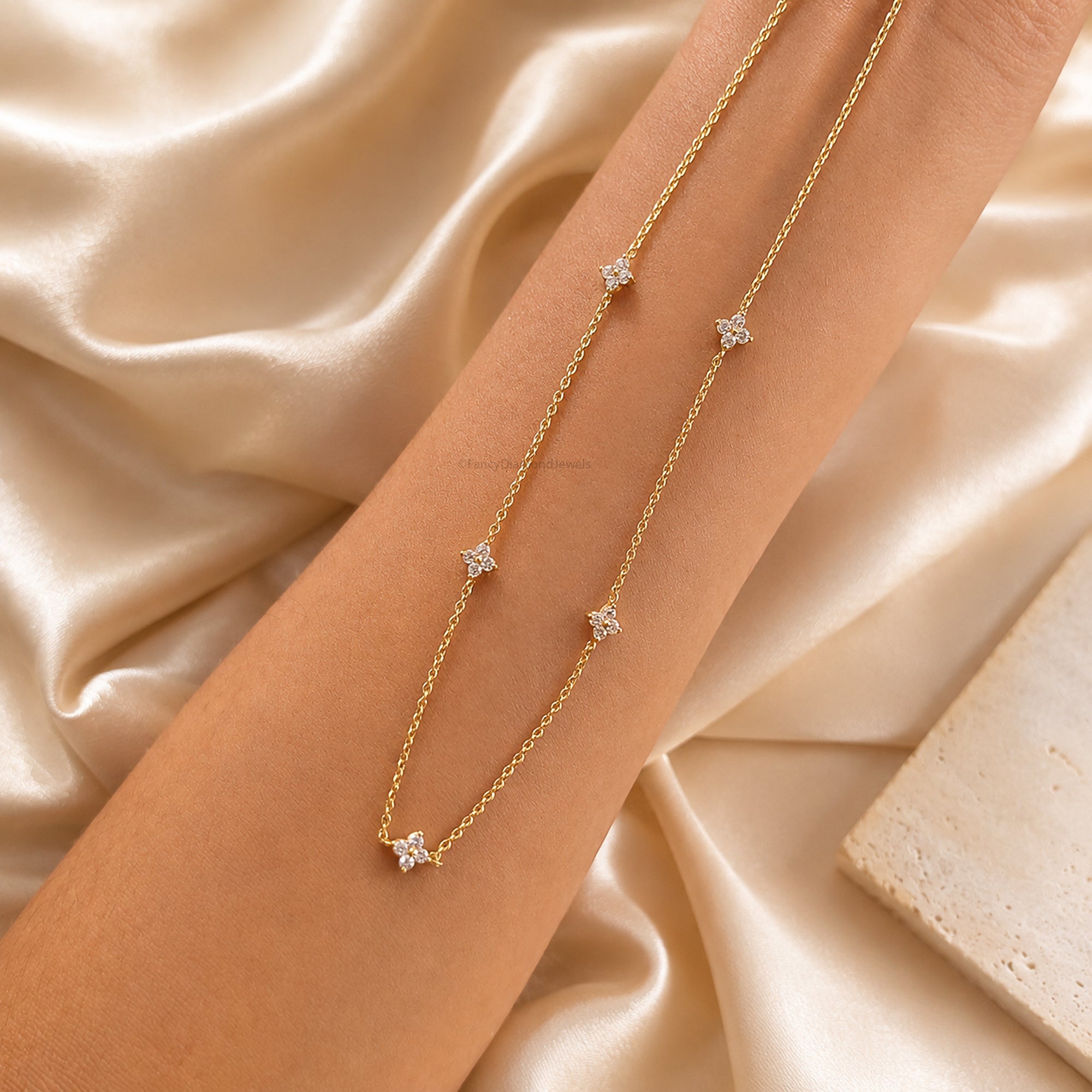 18K Gold Attached Diamond Station Necklace | Four Leaf Clover Star Necklace | Dainty or Large Diamond Chain | Everyday Fine Jewelry FD569