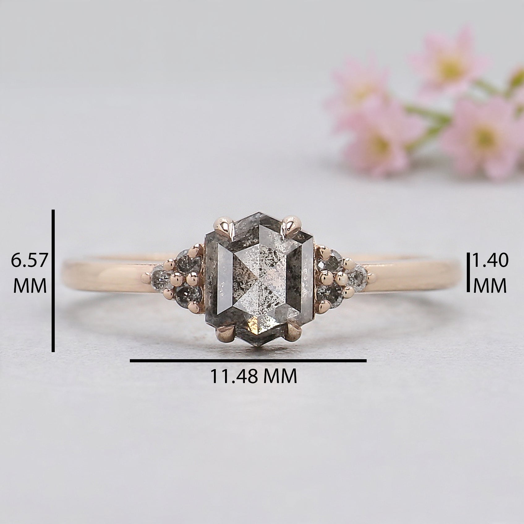 Hexagon Salt and Pepper Diamond Ring, Unique Diamond Engagement Ring, 14K Rose Gold Minimalist Ring, Rustic Bridal Ring, Gift for Her KDL276