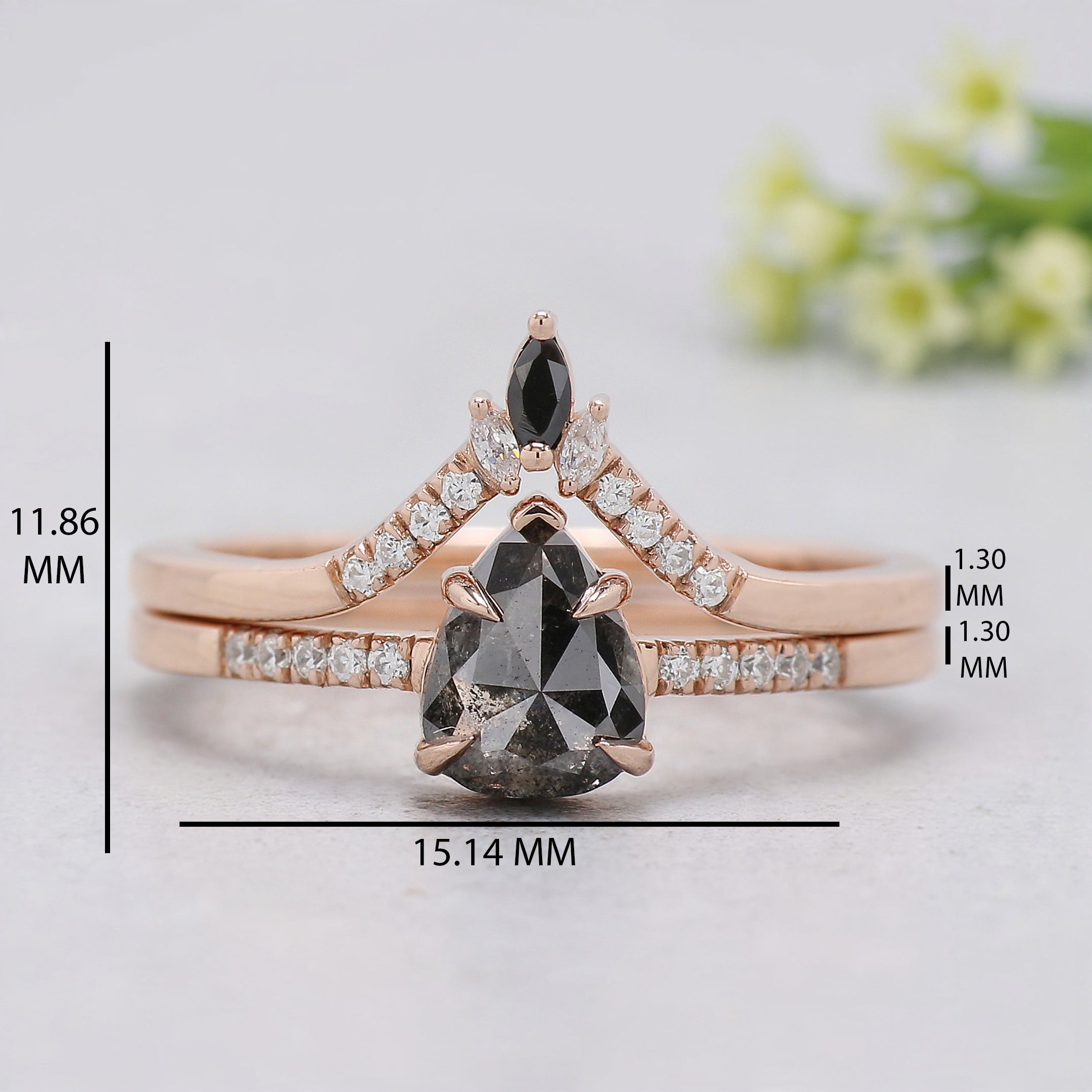 Pear Cut Salt and Pepper Diamond Ring, 14K Rose Gold Pear Engagement Ring, Bridal Set, Unique Pear Shaped Diamond Ring Gift for Her KDN2098