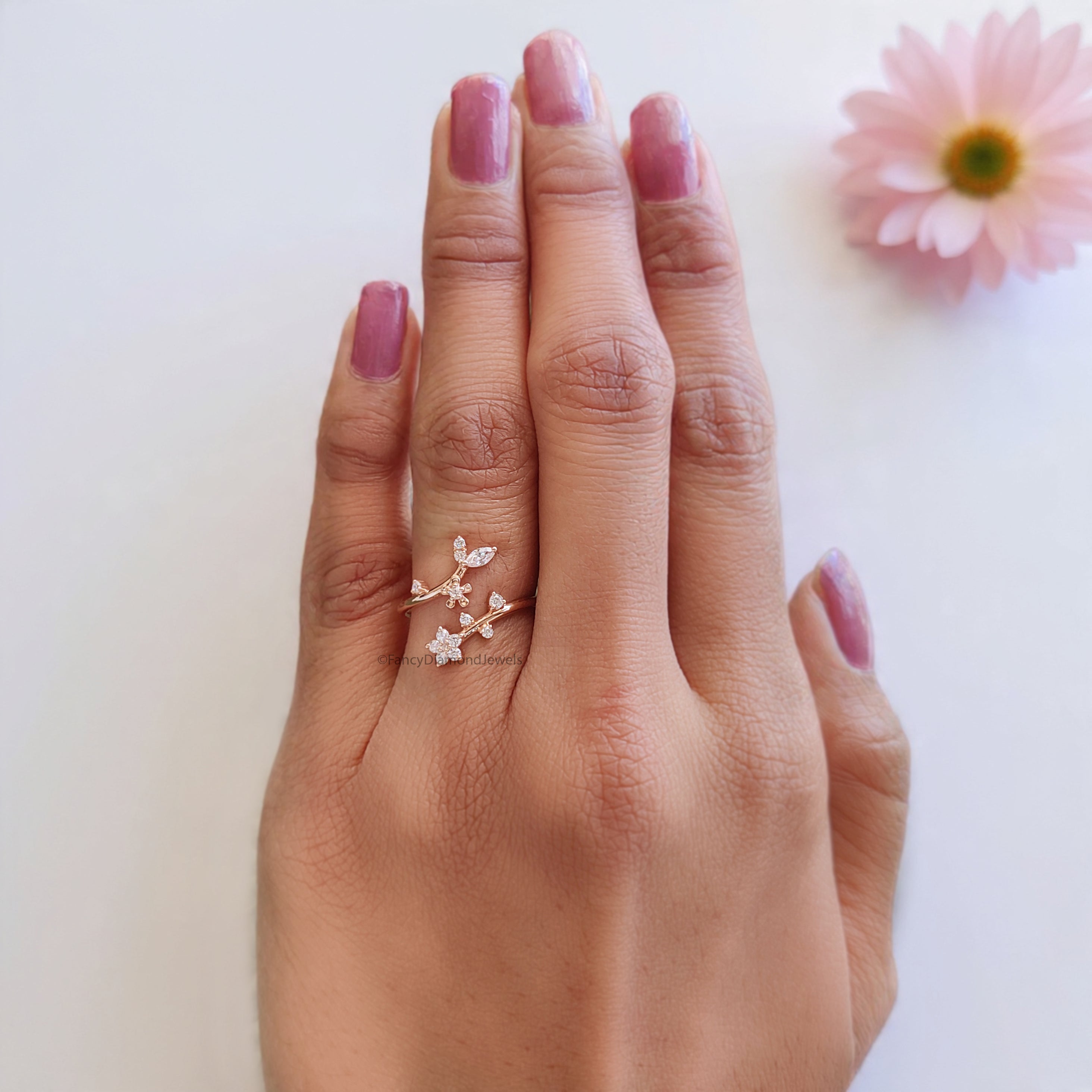 Marquise / Round Cut Wedding Ring Rose Gold Unique Anniversary Ring Spring Flower Ring Adjustable Delicate Personalized Gift For Her FD536