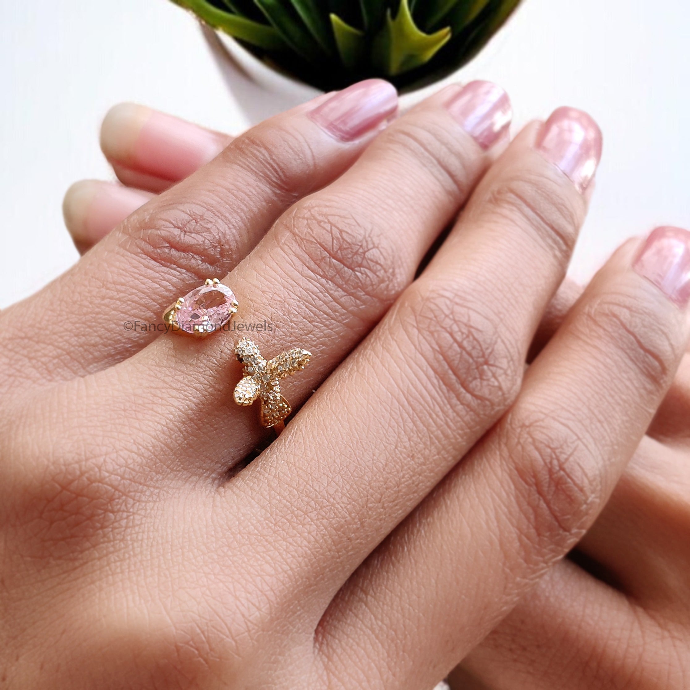 Oval Diamond Bird Ring Simulated Diamond Engagement Ring Yellow Plated Ring Anniversary Ring Simulant Pink Oval ring Gift For Her FD532