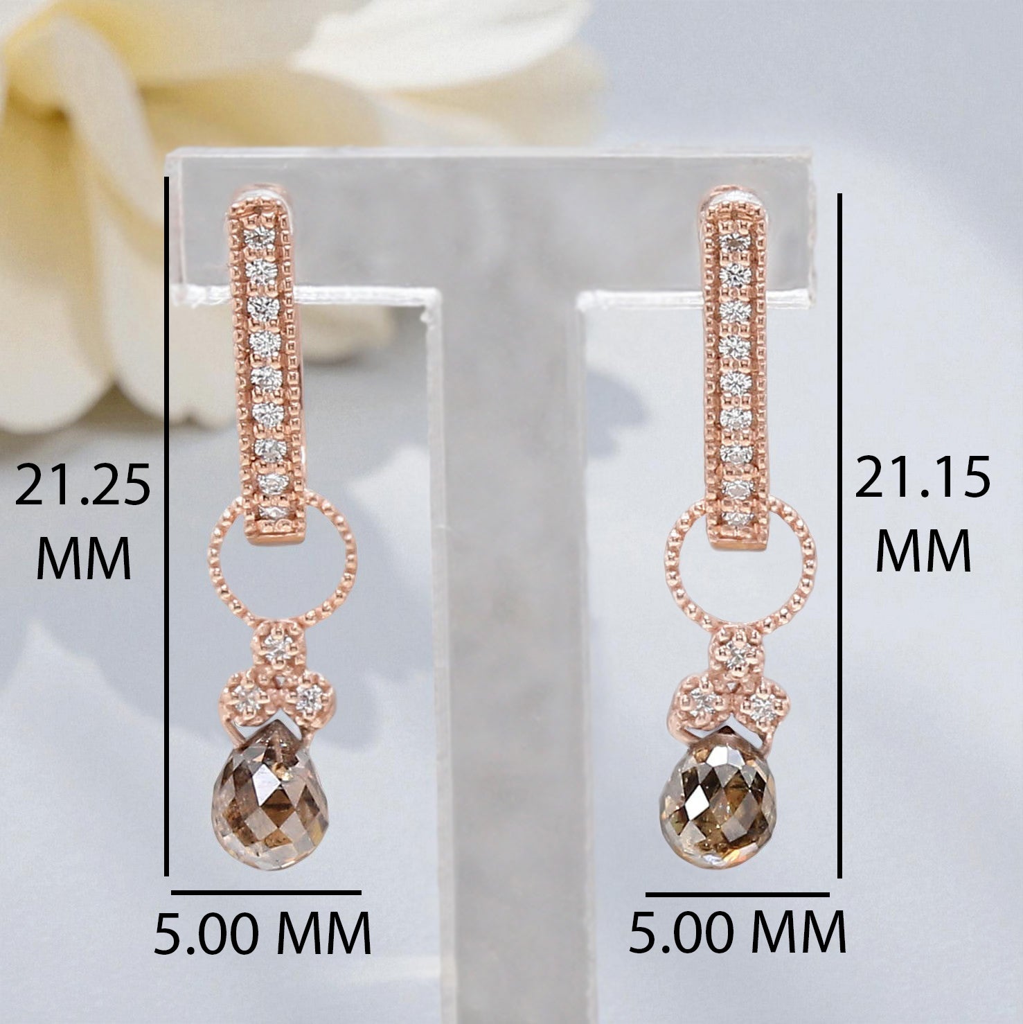 Drop Cut Brown Color Diamond Earring 1.23 Ct 4.85 MM Drop Diamond Earring 14K Solid Rose Gold Silver Engagement Earring Gift For Her KDK2275