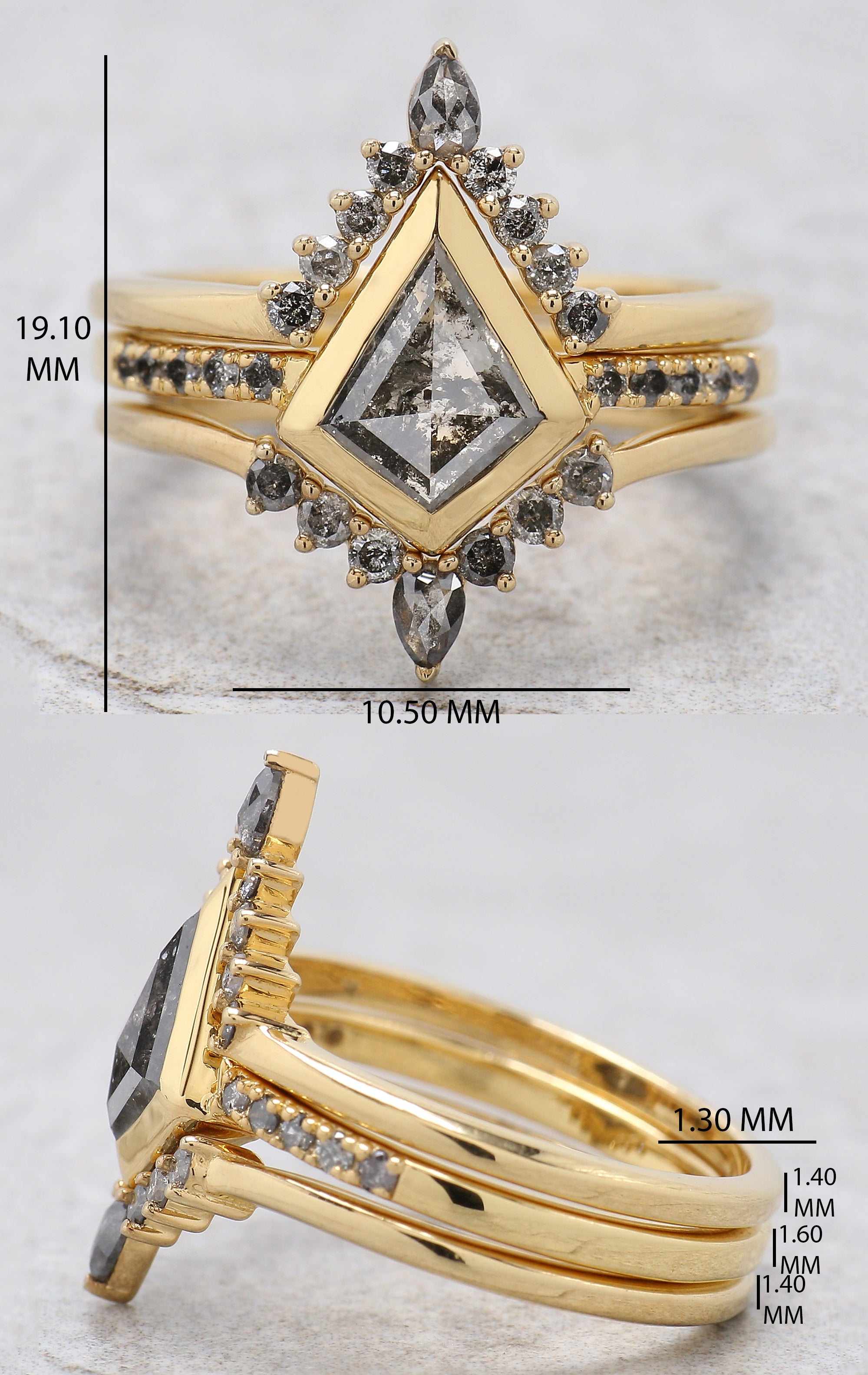 Kite Cut Salt And Pepper Diamond Ring 0.81 CT 8.90 MM Kite Shape Diamond Wedding Ring Set Bezel Set Engagement Ring Gift For Her KDL3391