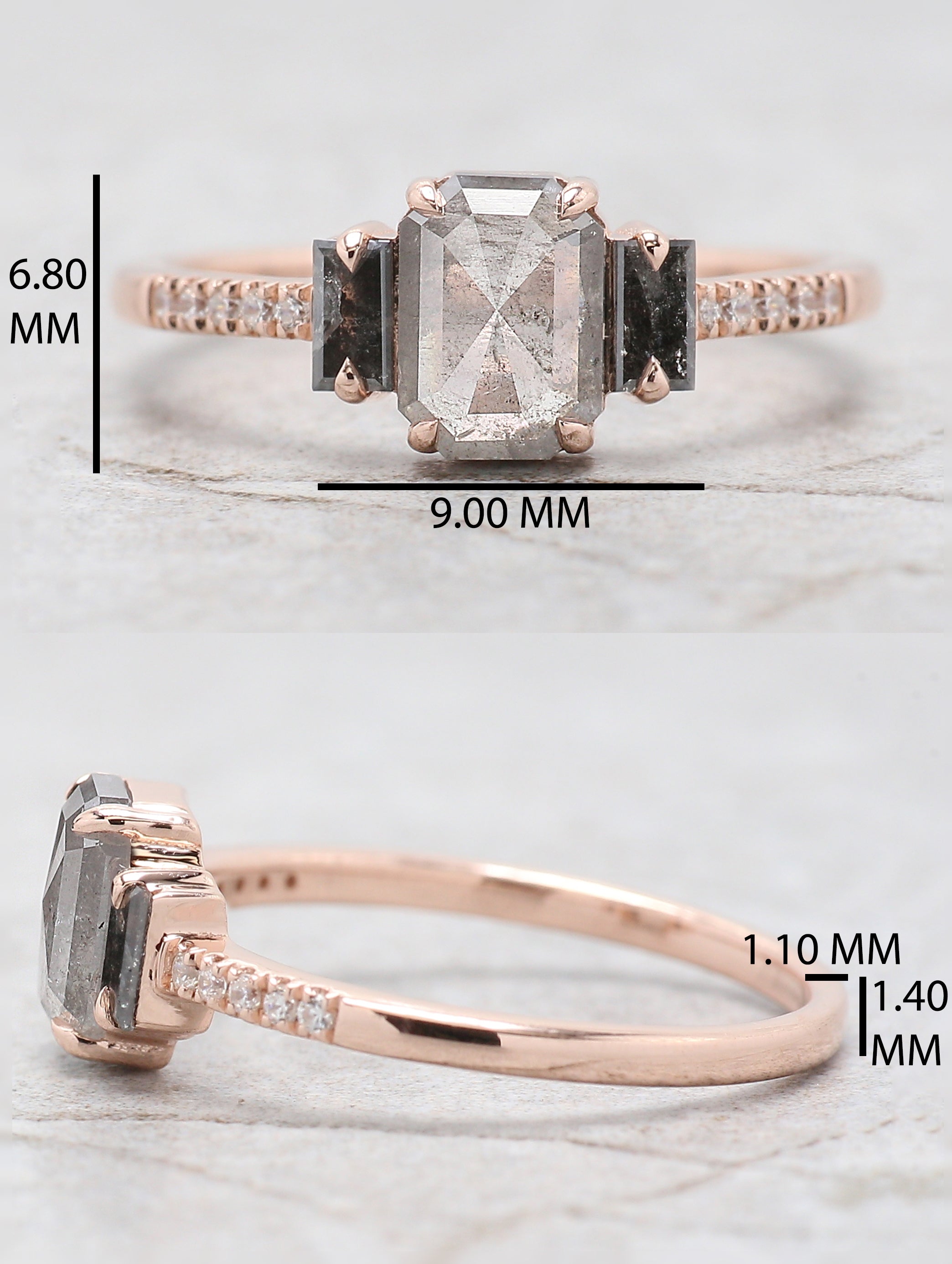 0.90 Ct Natural Emerald Shape Grey Color Diamond Ring 6.95 MM Emerald Cut Diamond Ring 14K Solid Rose Gold Silver Engagement Ring QN796