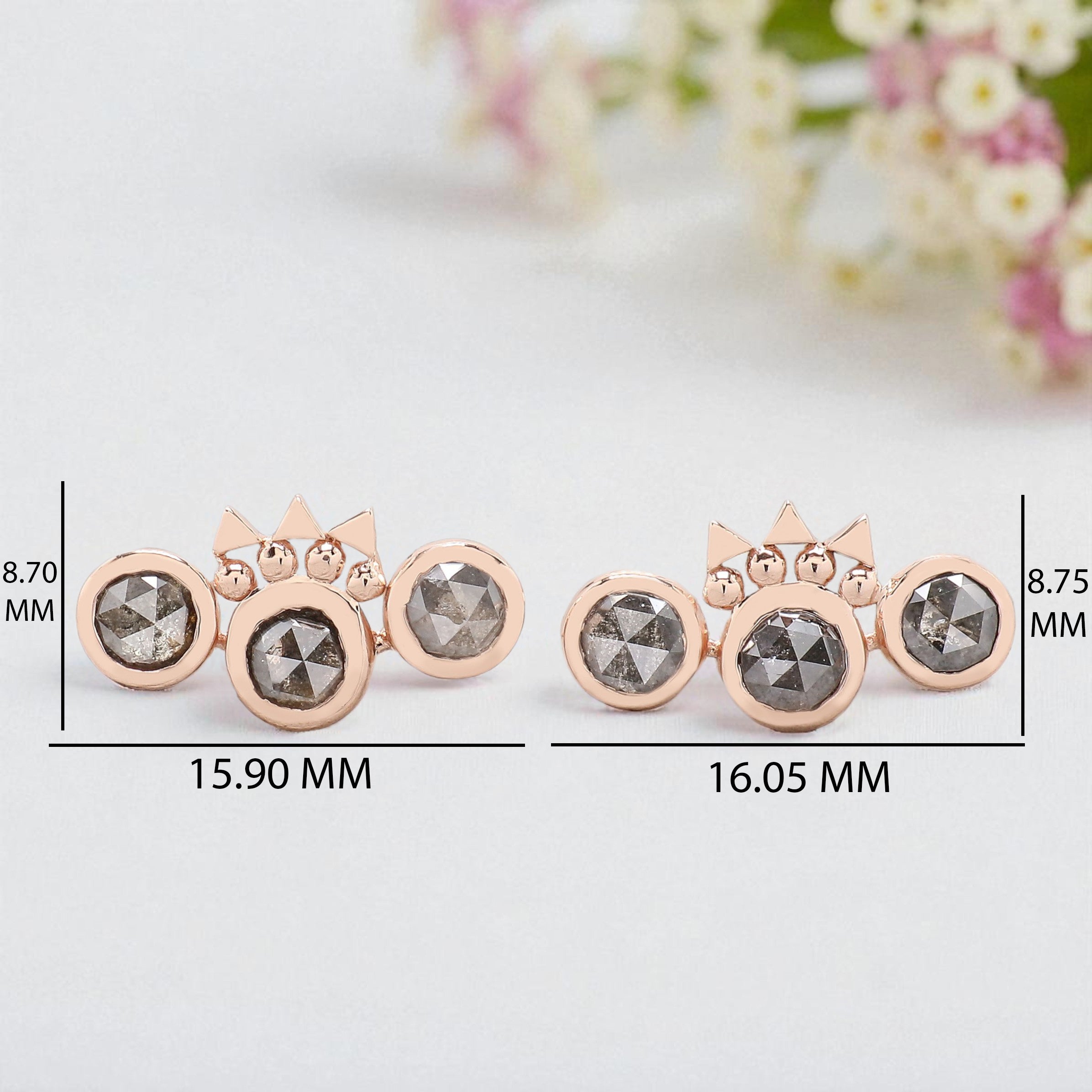 Round Salt And Pepper Diamond Earring Round Rose Shape Earring Bezel Earring Engagement Earring Earlobe Earrings Gift For Her KDN2059