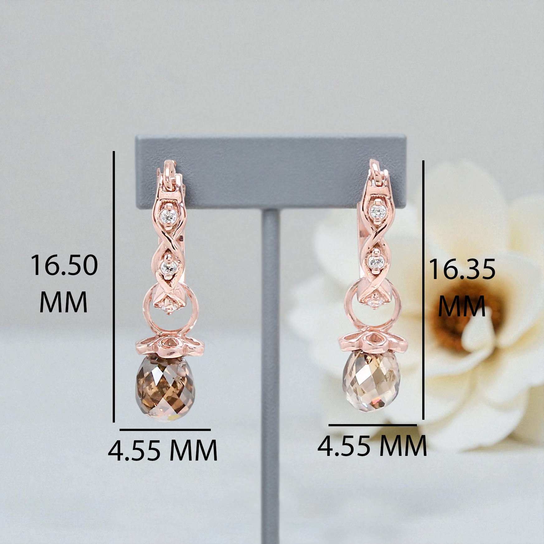 Drop Cut Brown Color Diamond Earring 1.34 Ct 5.15 MM Drop Diamond Earring 14K Solid Rose Gold Silver Engagement Earring Gift For Her KDN840