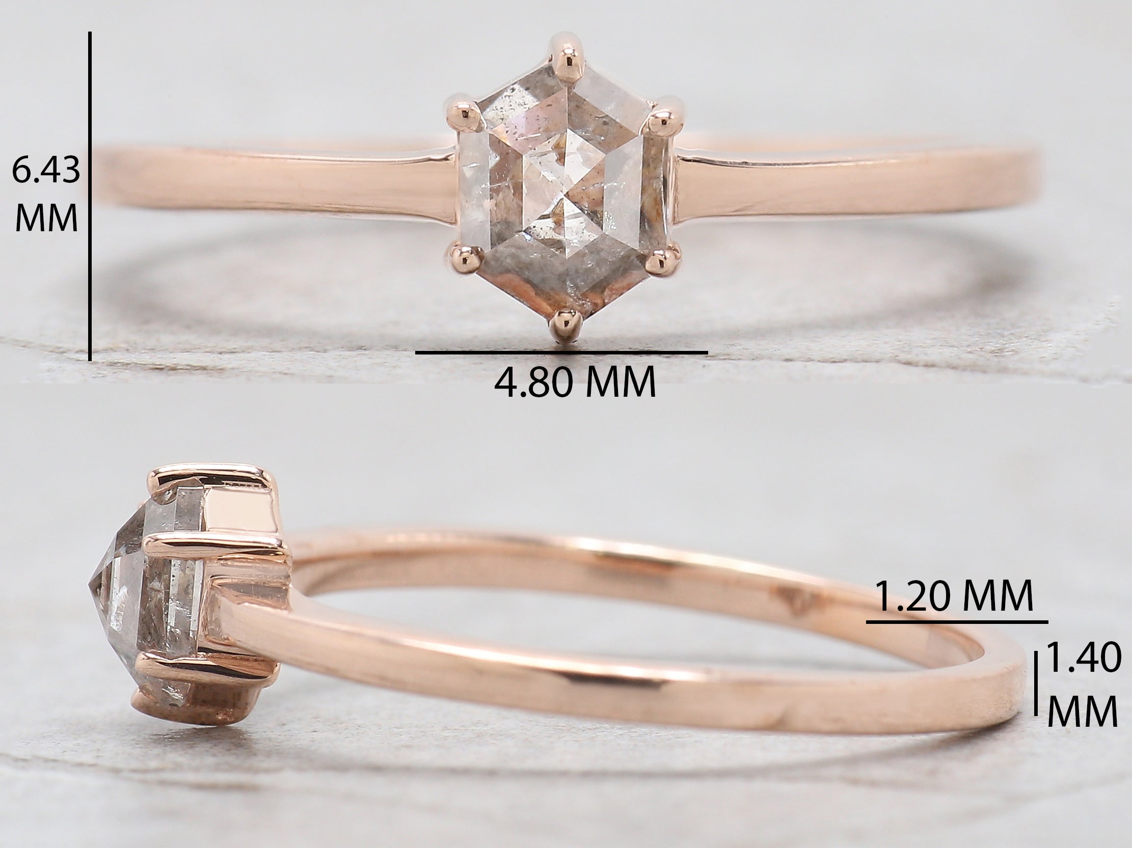 Hexagon Cut Salt And Pepper Diamond Ring 0.54 Ct 5.55 MM Hexagon Diamond Ring 14K Solid Rose Gold Silver Engagement Ring Gift For Her QN642