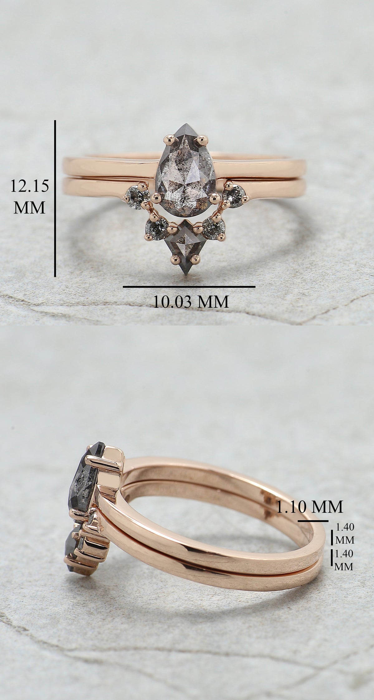 Pear Shape Salt and Pepper Diamond Ring, 14K Rose Gold Pear Cut Engagement Ring, Bridal Ring Set, Unique Diamond Ring Gift for Her KDN2625