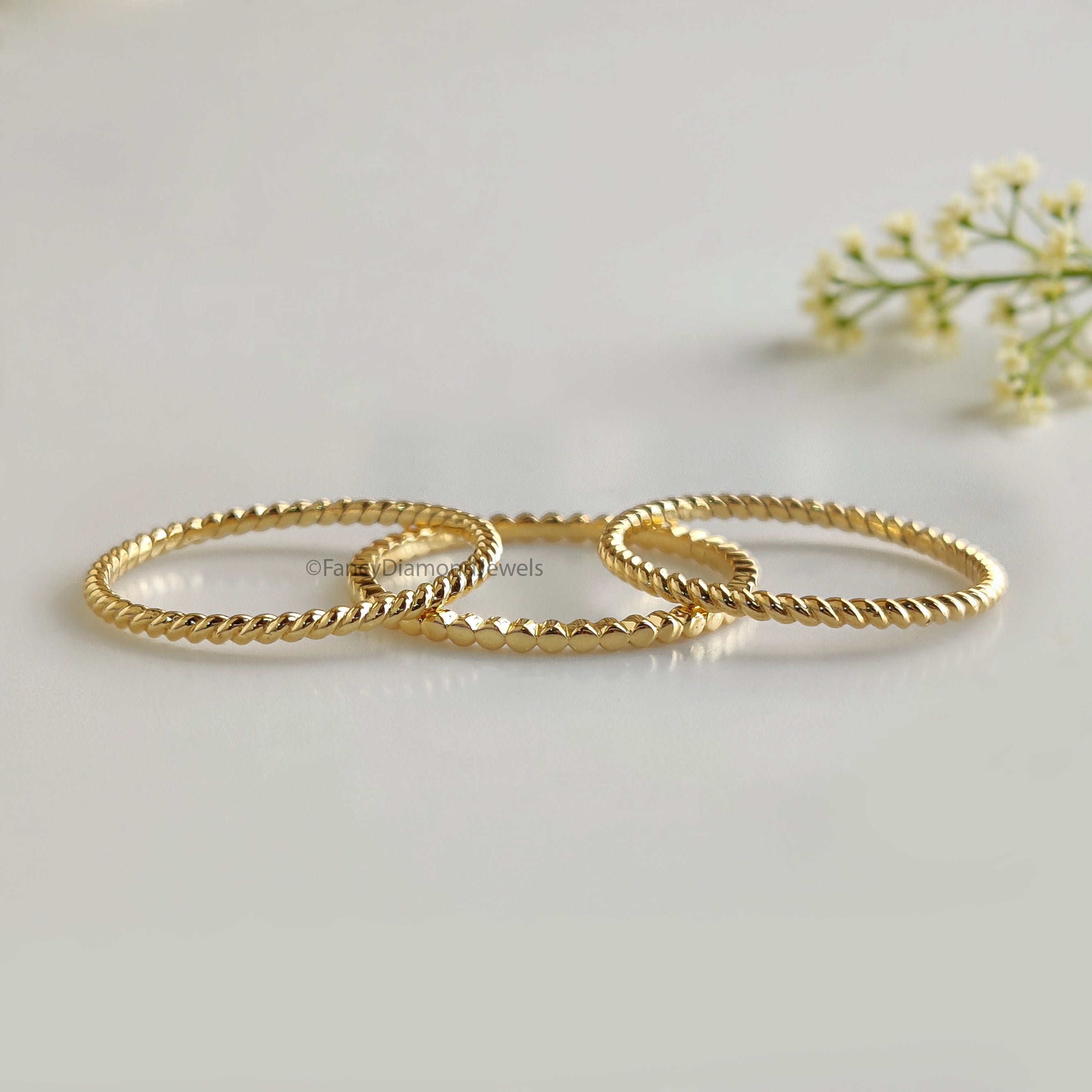 Handmade Filled Stackable 5 Rings Set Simple Wedding Band Yellow Gold Unique Wedding Band Minimal Dainty Stacking Band Gift For Her FD540