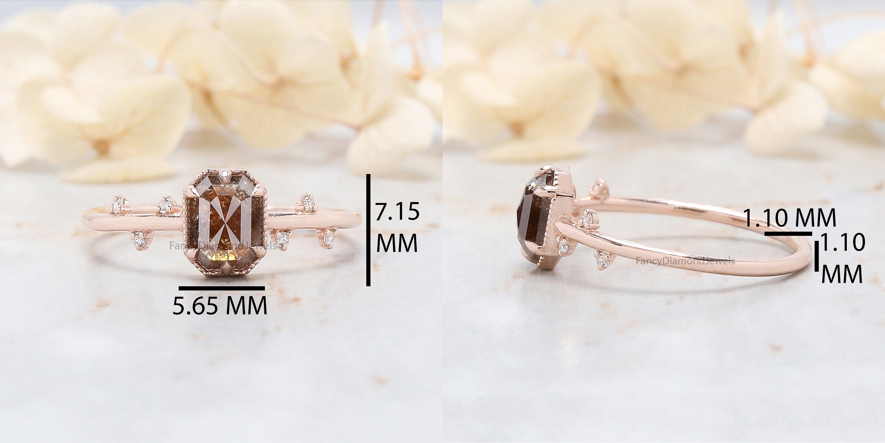 Emerald Cut Brown Color Diamond Ring 0.79 Ct 6.18 MM Emerald Shape Diamond Ring 14K Rose Gold Silver Engagement Ring Gift For Her QL652