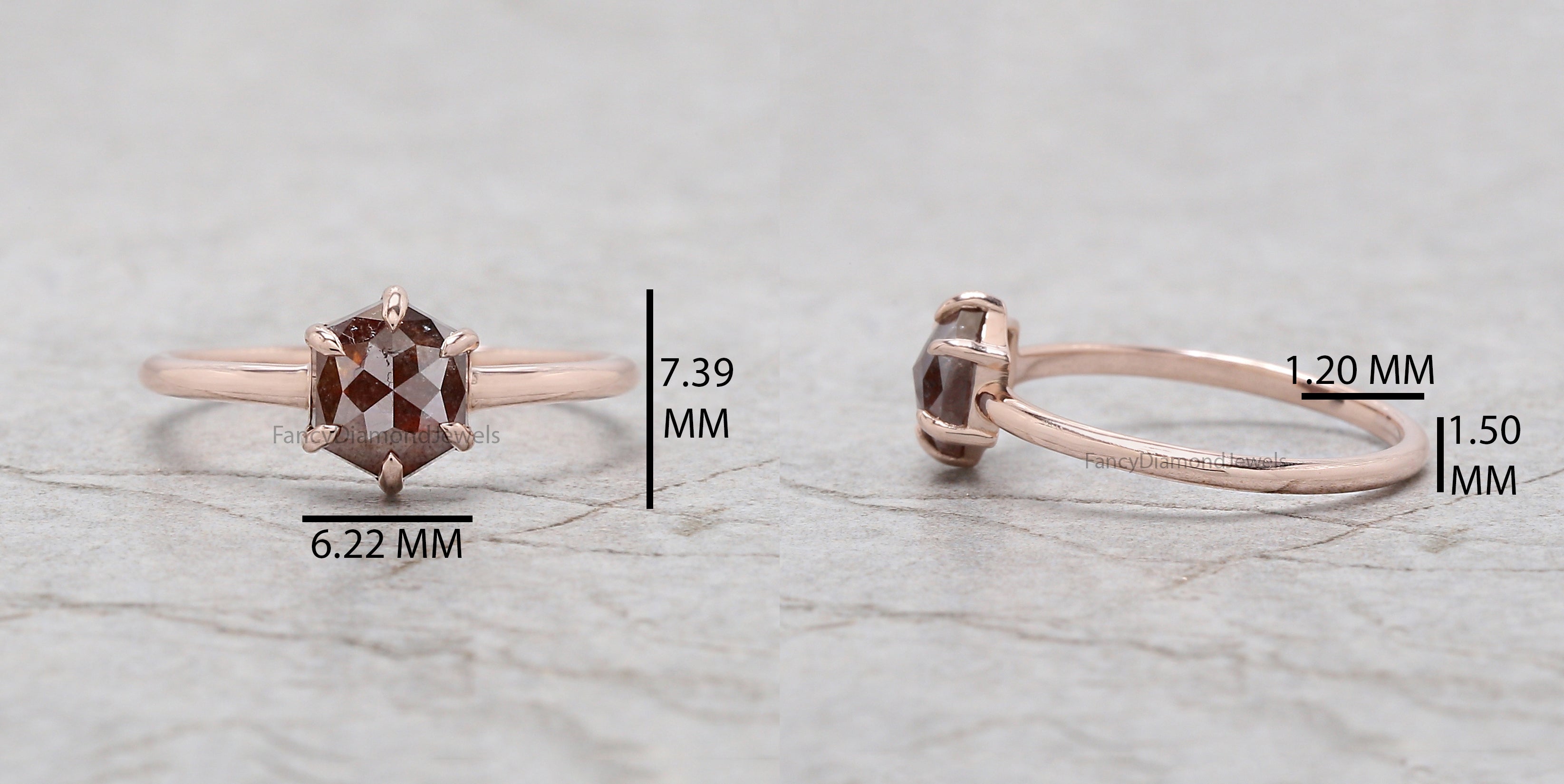 Hexagon Brown Color Diamond Ring 0.96 Ct 6.78 MM Hexagon Shape Diamond Ring 14K Solid Rose Gold Silver Engagement Ring Gift For Her QL2850