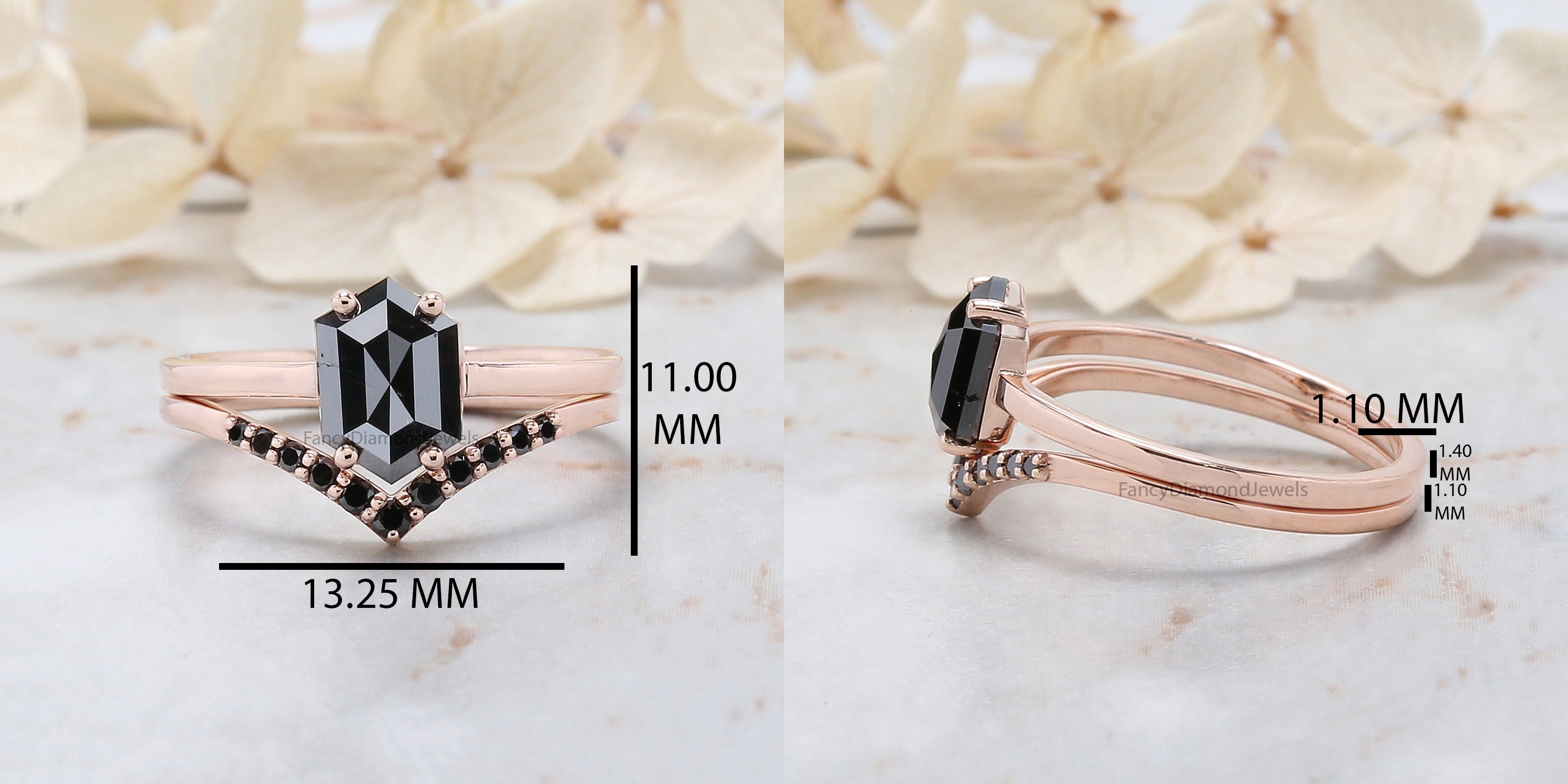 1.13 Ct Natural Hexagon Shape Black Color Diamond Ring 7.90 MM Hexagon Diamond Ring 14K Solid Rose Gold Silver Engagement Ring QL9082