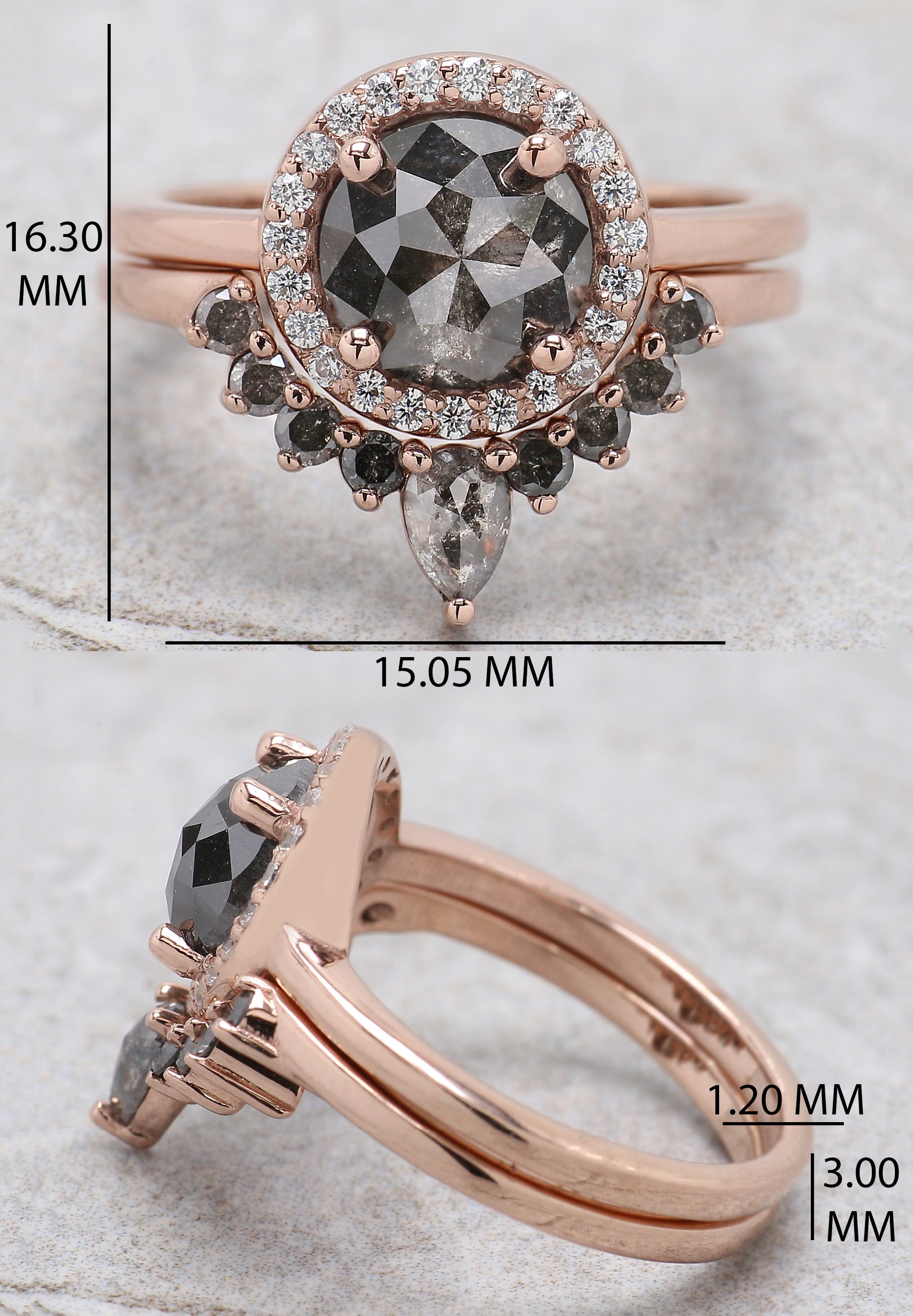 Round Rose Cut Salt And Pepper Diamond Ring 1.86 Ct 7.50 MM Round Diamond Ring 14K Rose Gold Silver Engagement Ring Gift For Her QL1303