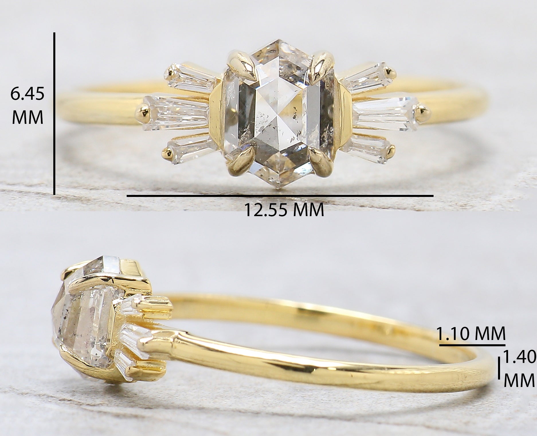 Hexagon Cut Salt And Pepper Diamond Ring 0.84 Ct 6.20 MM Hexagon Diamond Ring 14K Yellow Gold Silver Engagement Ring Gift For Her QL2687